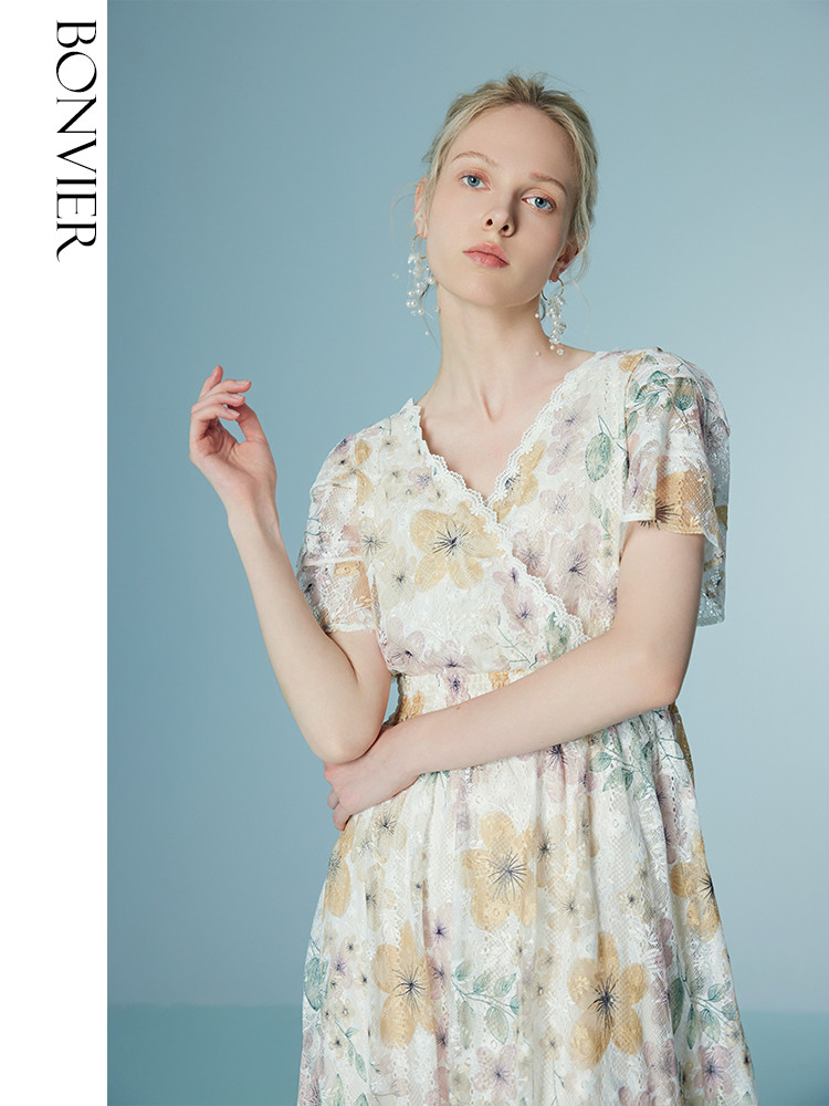 2025 summer new style ruffled high waist slim lace French elegant floral dress 6116190