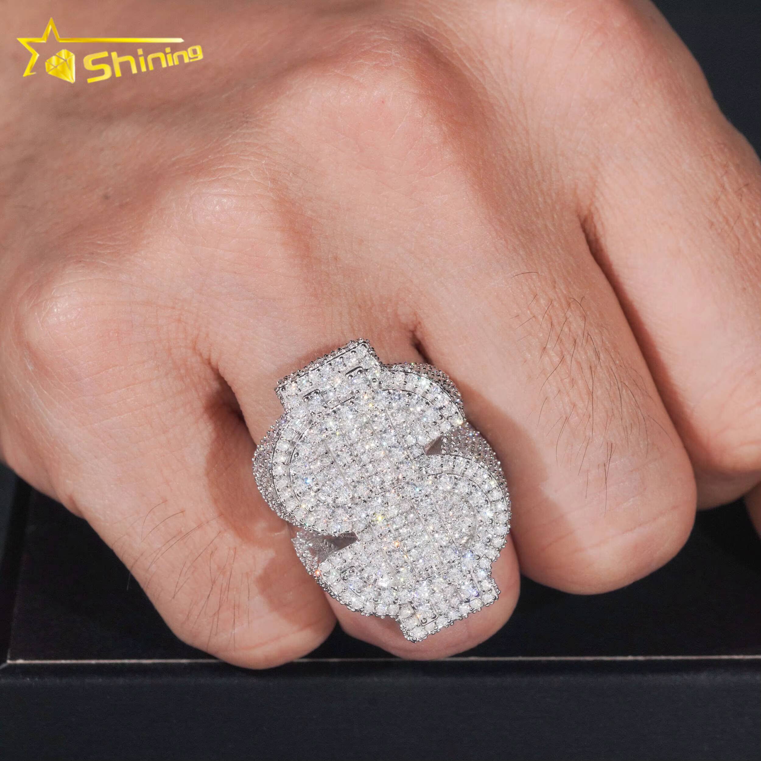 Hot Sale Money Sign Moissanite Diamond Silver Iced Out Design Hip Hop Ring Ready to Ship