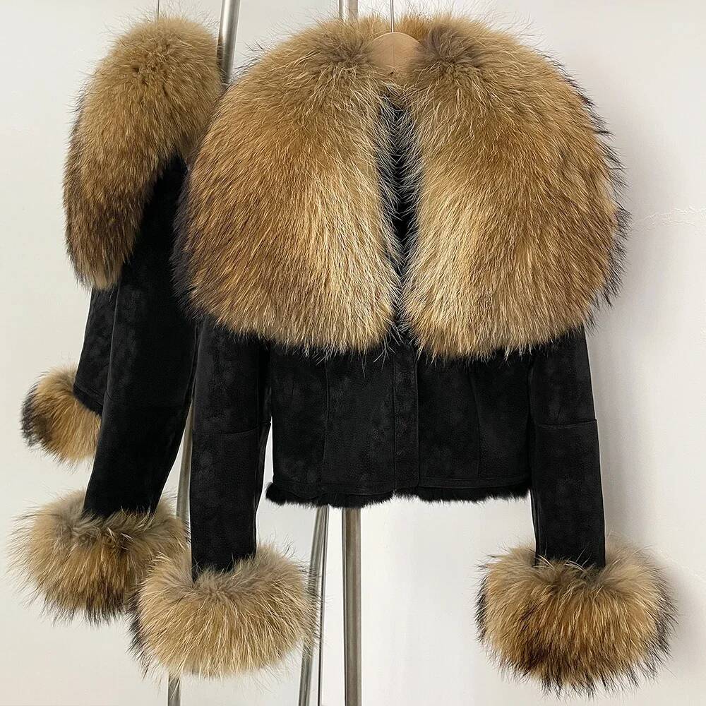 25ss Reality Jacket Suede Fox Coat Women New Autumn Winter Short Clothes Warm Rabbit Liner Female Natural Raccoon Fur