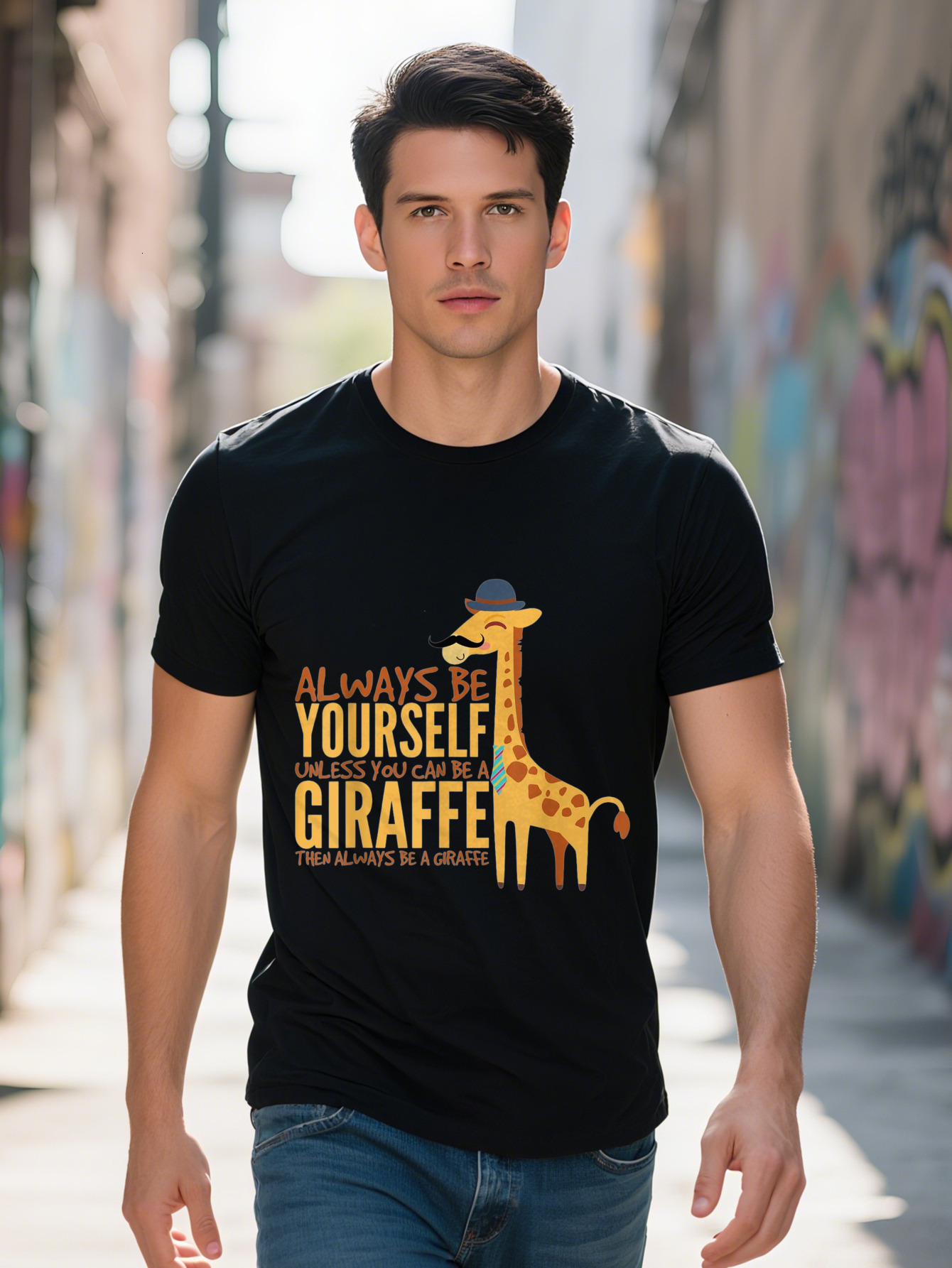 Men s Cotton Always Yourself Unless You Can Be a Funny Graphic T-Shirt Black Short Sleeve with Orange Brown e5123