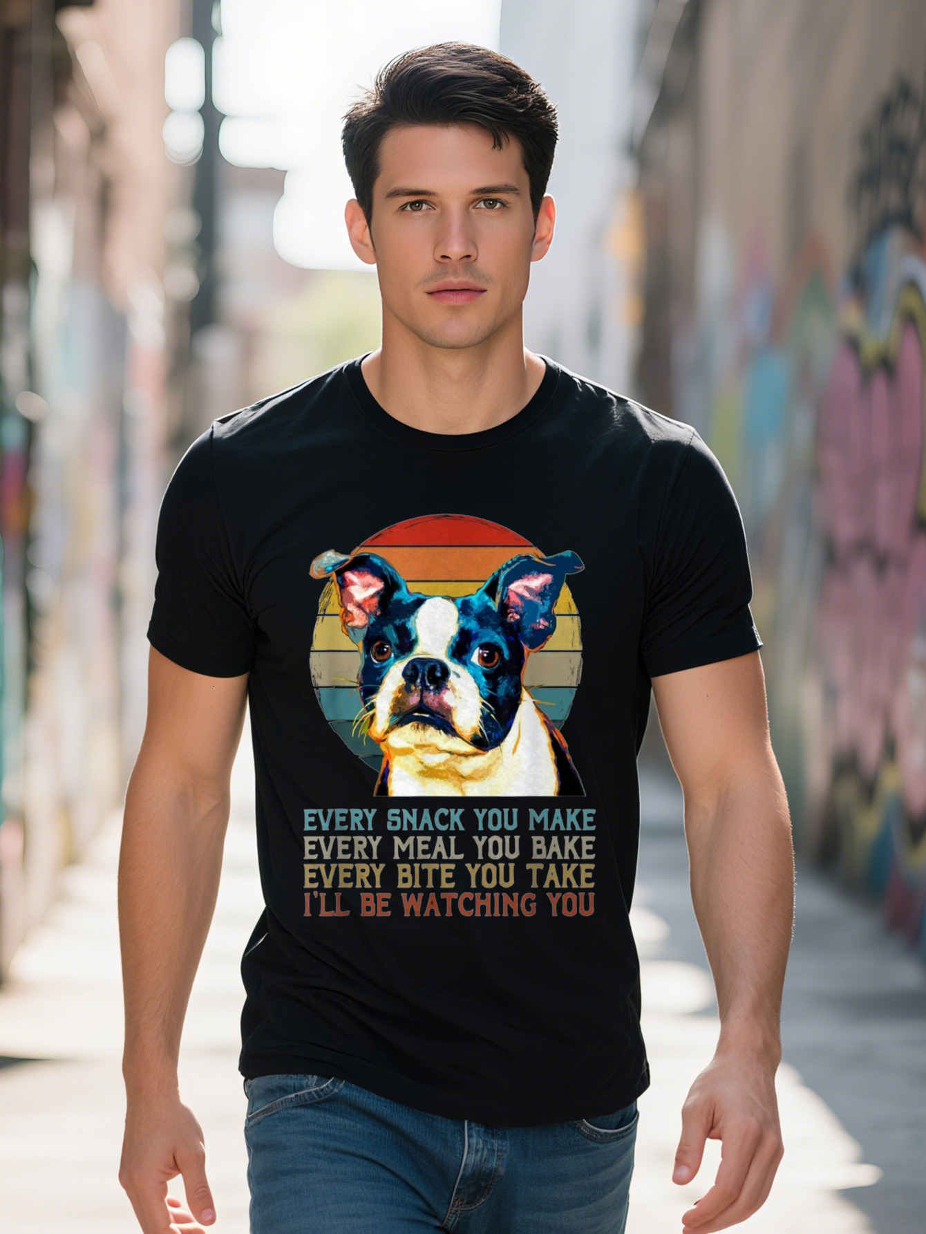 Men s Boston Terrier Graphic T Shirt Cotton Short Sleeve Casual Fit Every Snack You Make I ll Be Watching d9f82
