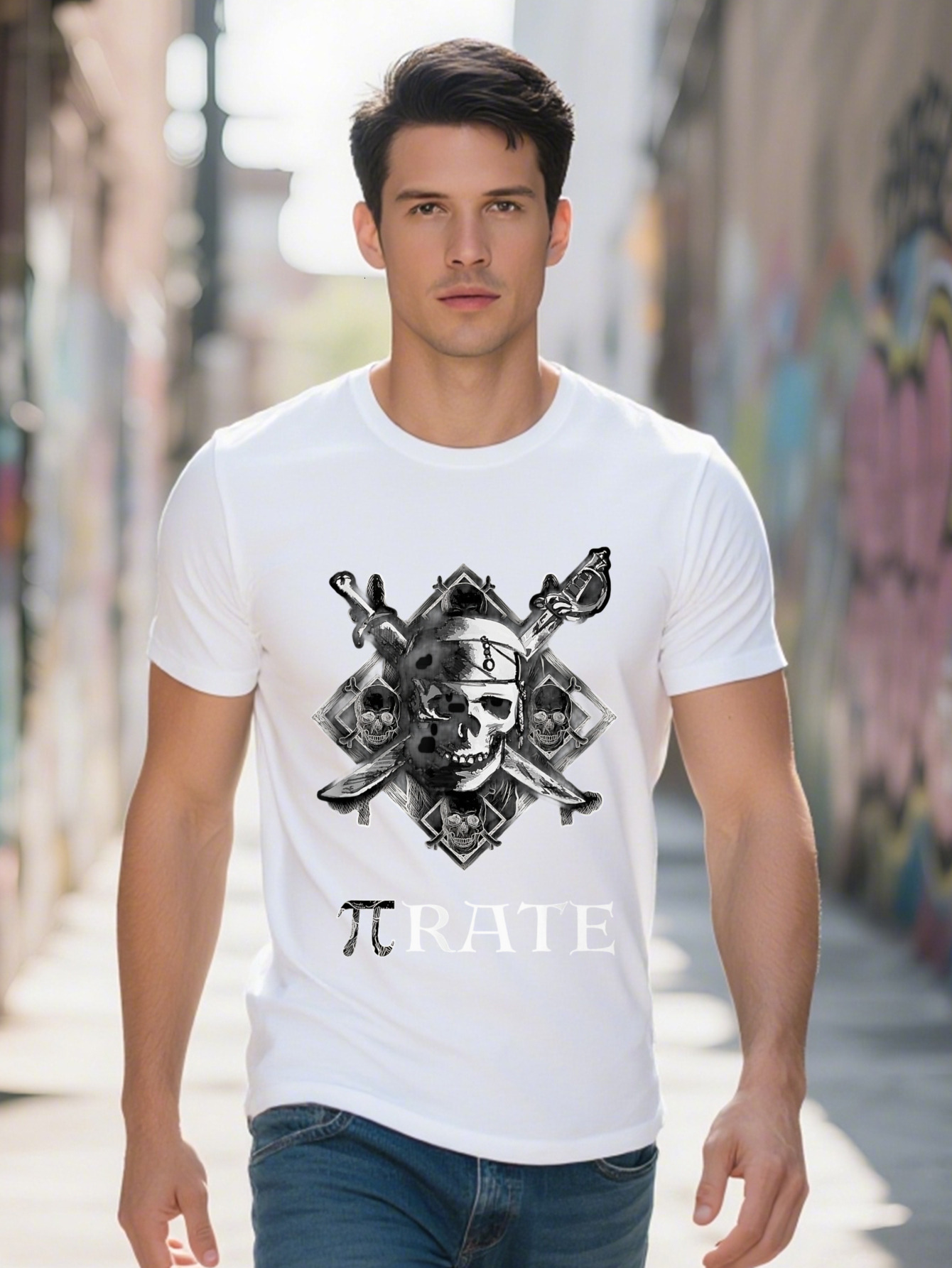 Pirate Themed Cotton T-Shirt Men Women, Black Crew Neck with Skull and Crossed Swords Graphic, Perfect for Math a0ae9