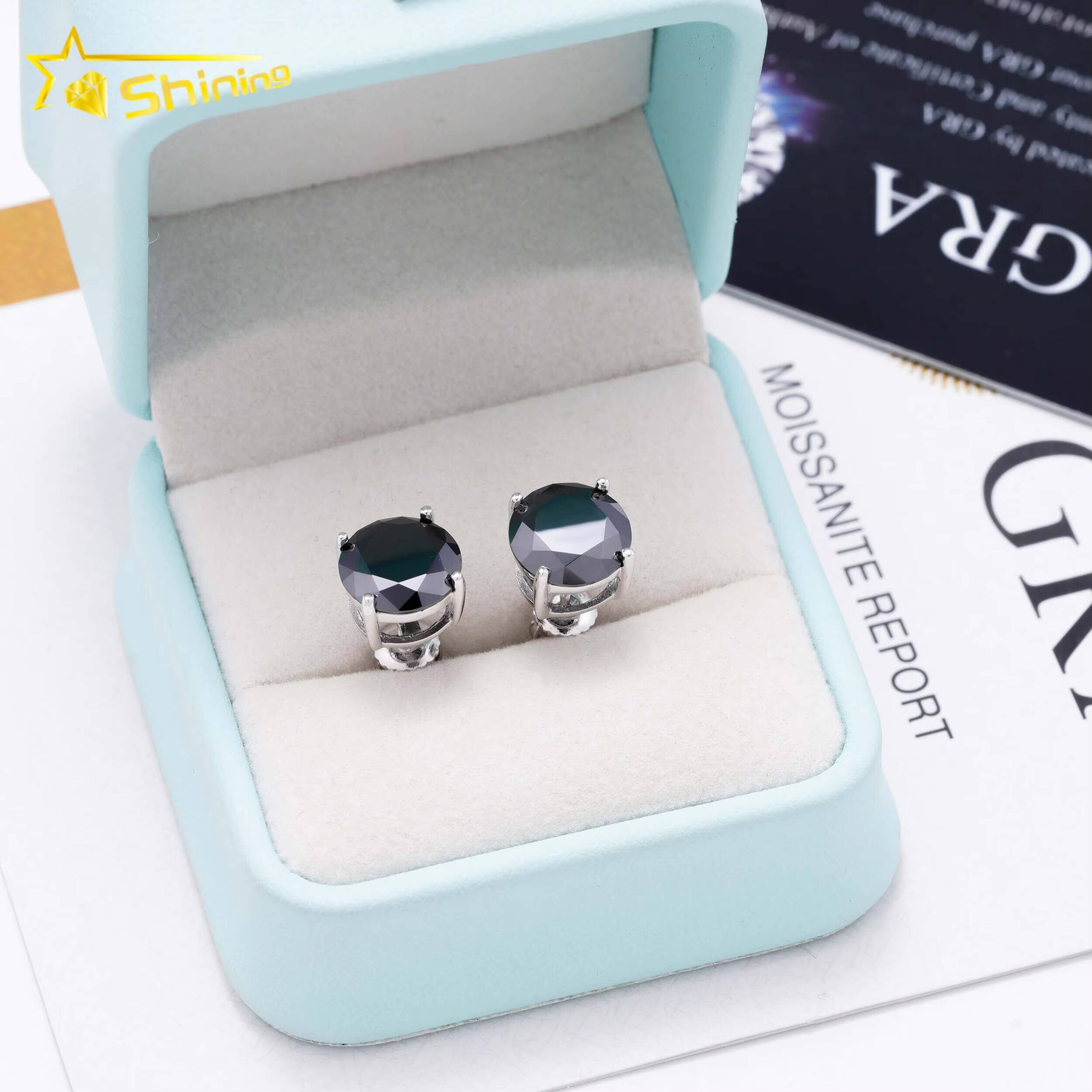 Classic 4 Prong Screw Back Ear Stud 925 Sterling Silver 1ct 2ct 3ct Hip Hop Black Moissanite Earrings