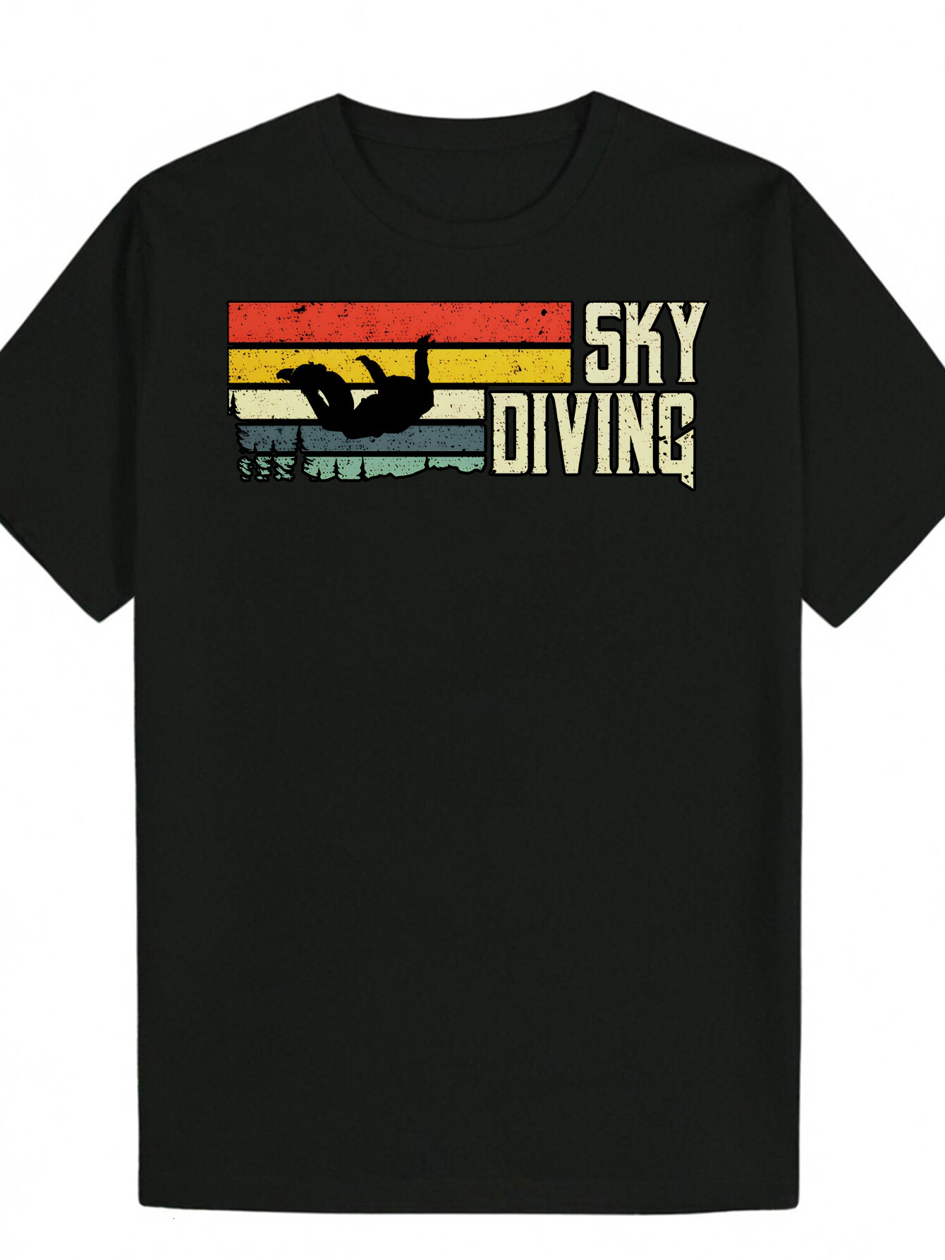 Polyester T-Shirt "Sky Divig" - Neck, Short Sleeve, Me's Summer T-Shirt, Black with Colorful Stripes ad Outlie Desig, Casual Wear Roud 