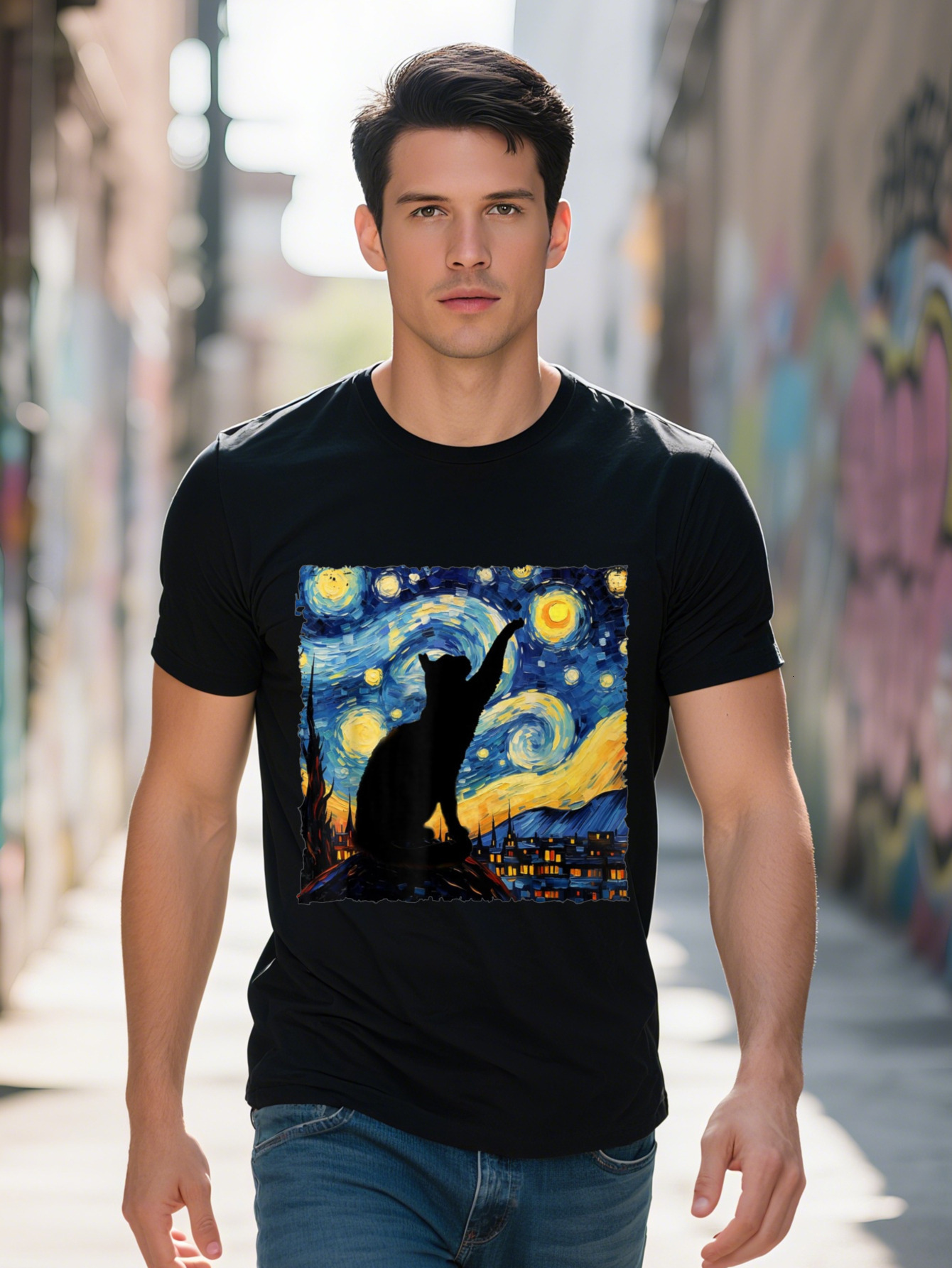 Men s Cotton T Shirt Van Gogh Starry Night Graphic Retro Black Paws Design Casual Short Sleeve Tee for All 9b57e
