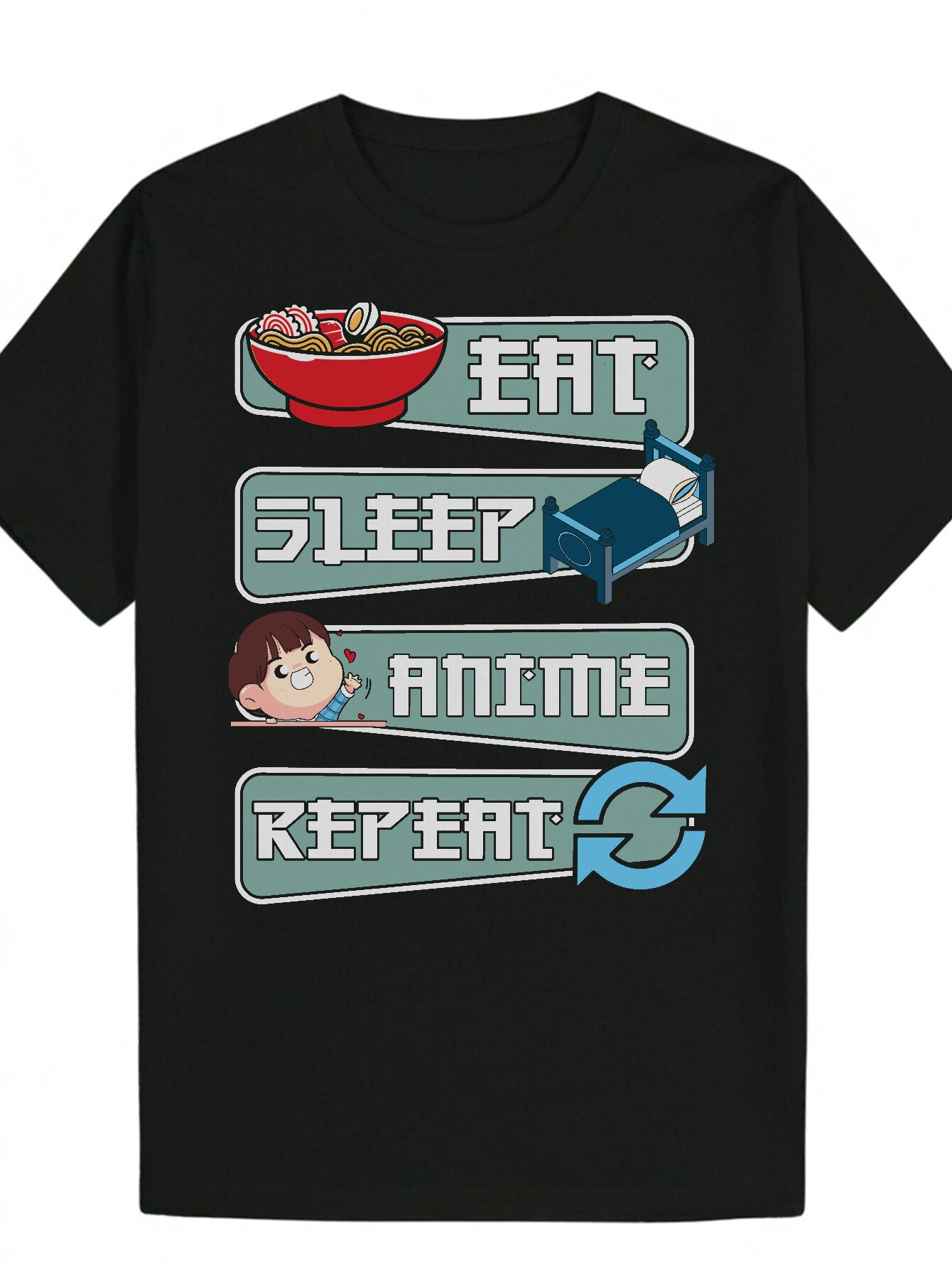 Men's Summer T-Shirt, Anime-Inspired Design - "Anime" "Replay" Text, Blue and Red Pattern, Crew Neck, Polyester, Regular Fit,