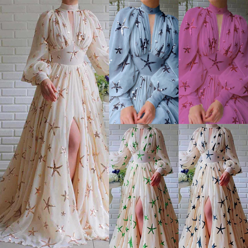 2025 New Multi Color Large Half High Collar Sparkling Lantern Sleeve Horn Chiffon Dress New Designer Dress