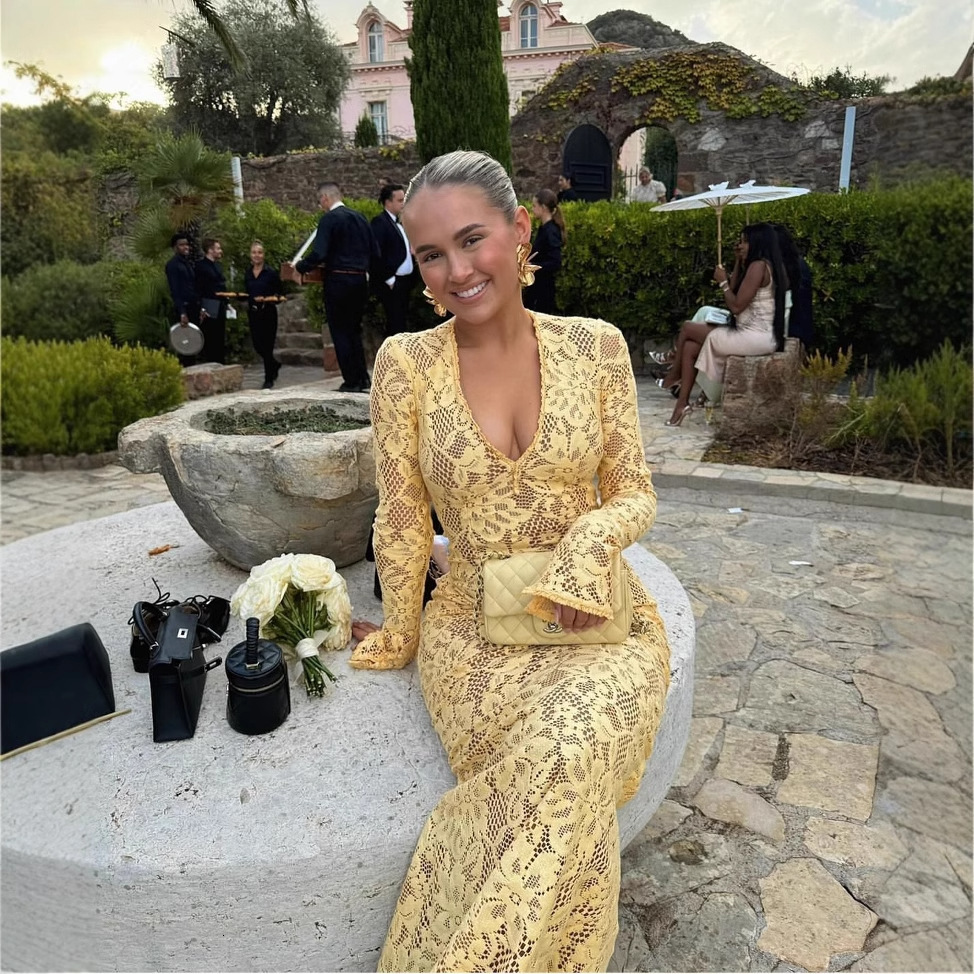 2025 trend European and American sexy fashion new deep V-long sleeved mesh hollow mermaid dress new designer dress