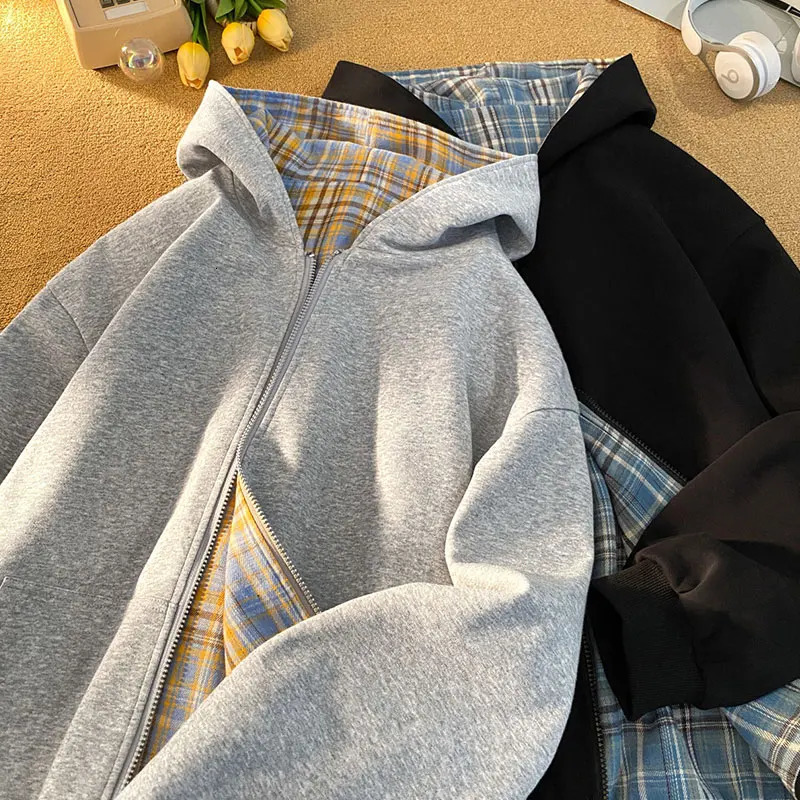 Reversible Sweatshirt Mens Hooded Cardigan Couple Model Hooded Sweatshirt Plaid Jacket 2025 Autumn Unisex Hoodies 250708