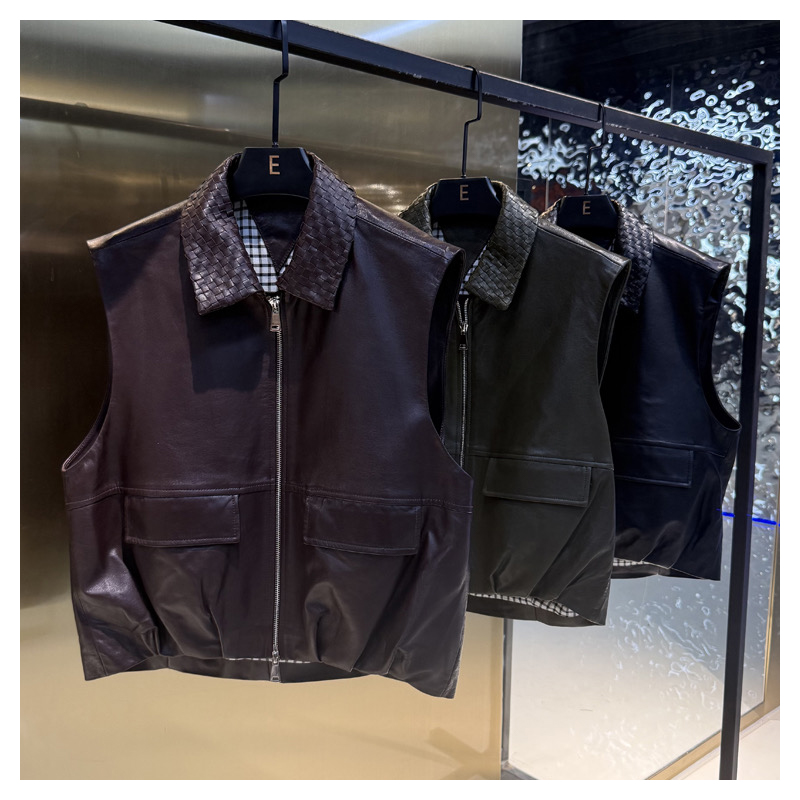 Genuine leather sheepskin woven collar, contrasting plaid lining, leather vest, camisole jacket for casual women