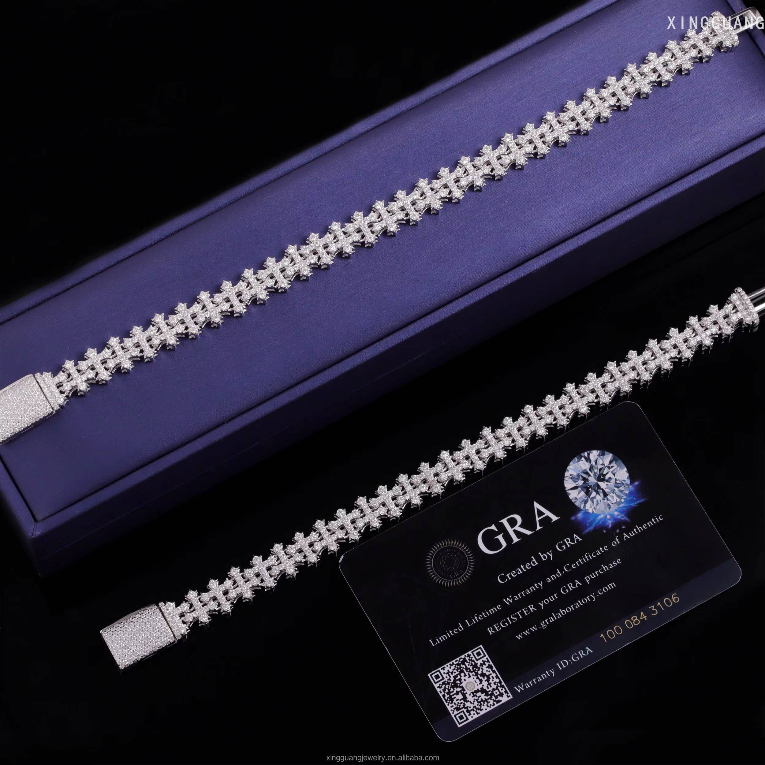 Fashion Best Selling Prong Setting 18k White Gold Plated Iced Out Jewelry Moissanite Diamond Hip Hop Cross Cuban Link Bracelet