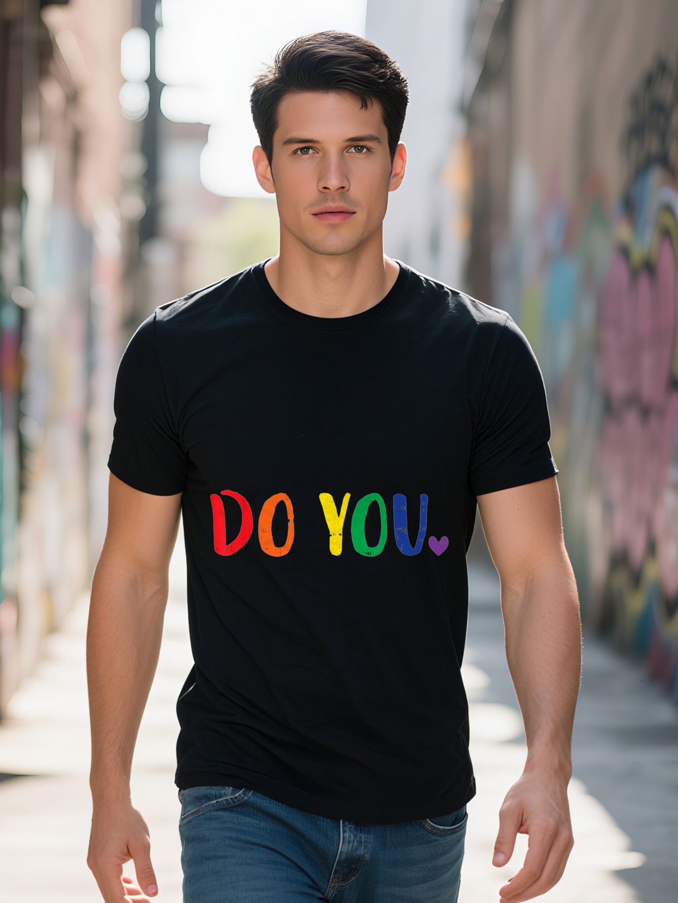Men s Cotton T Shirt Do You Rainbow Month Design with Heart Graphic Crew Neck Short Sleeve Black LGBTQ e408f