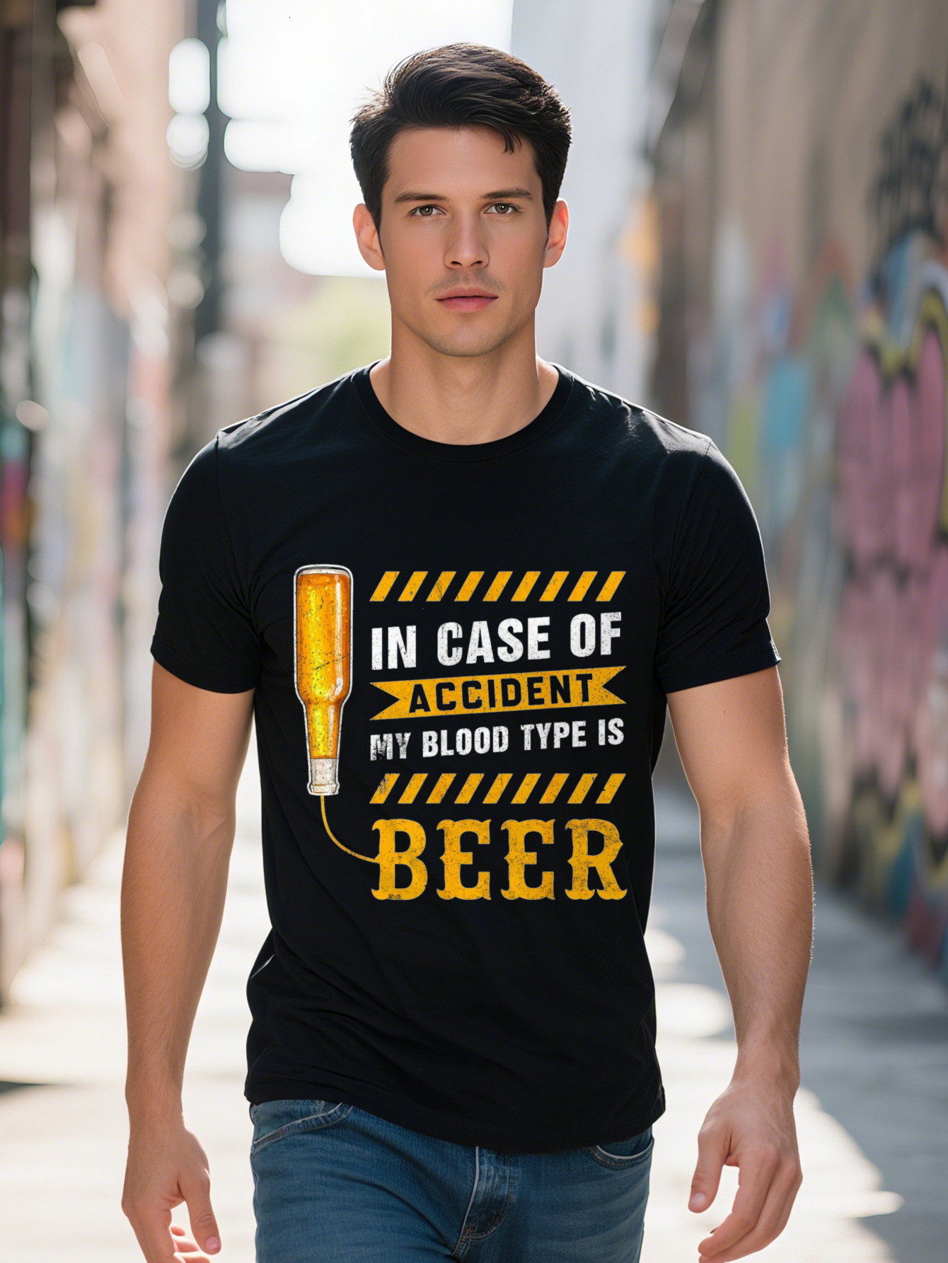 Men s g Cotton T Shirt In Case of Accident My Blood Type Is Graphic Tee with Beer Bottle Design Black Short 923e6 cebbd