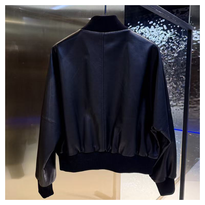Fashionable black pilot jacket top ribbed stand up collar PU leather jacket men's leather jacket