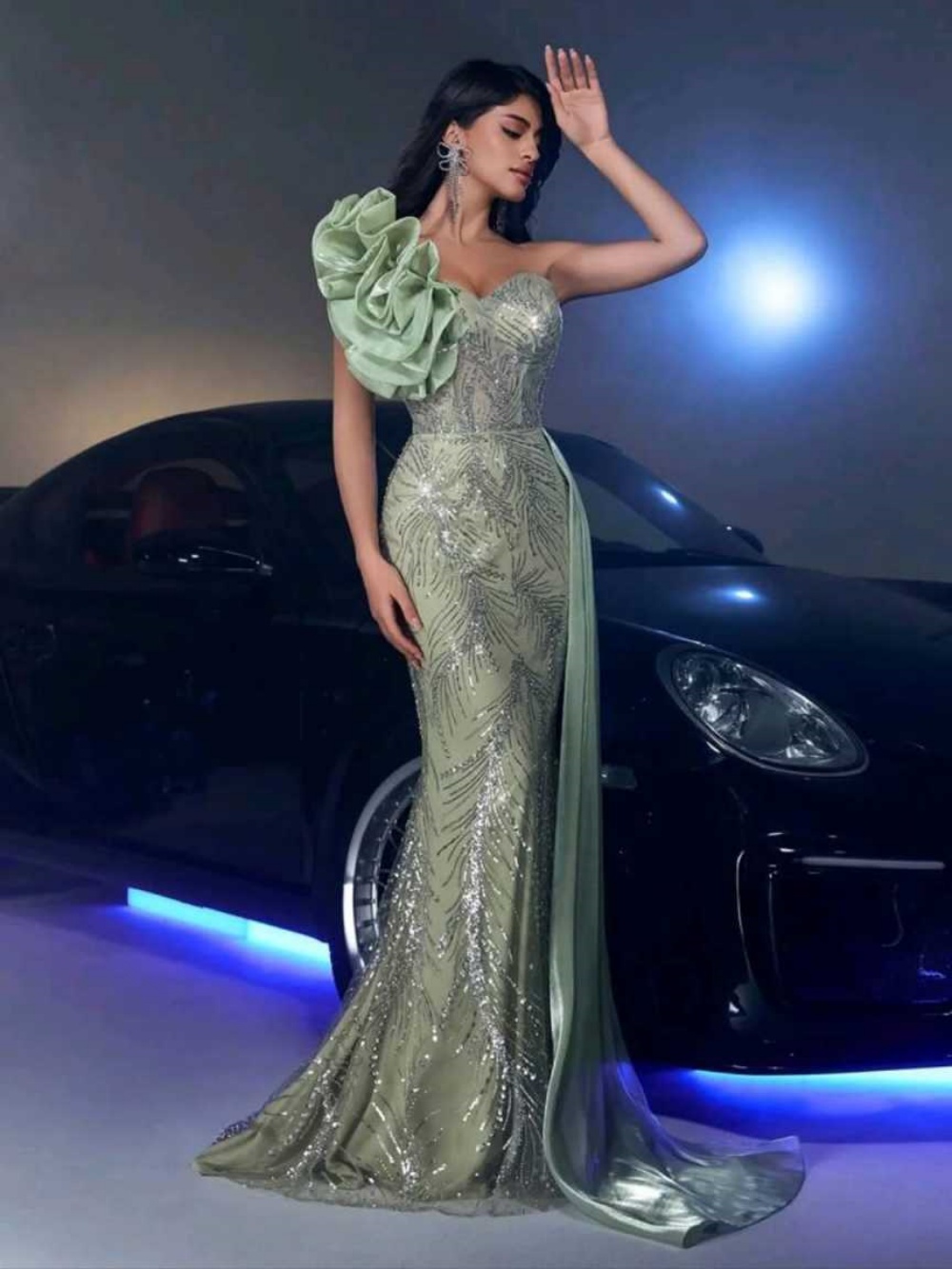 Sparkly Evening Dresses For Women One Shoulder Sleeveless Gown Sequins Lace Sweep Train Dress Party Customized
