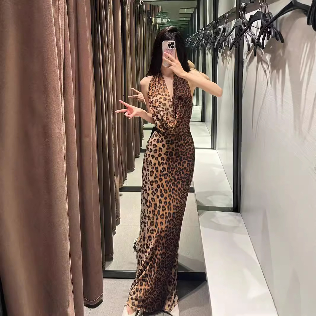 2025 fashion European and American Style Fashion Leopard Pattern Transparent Strap Skirt Long Dress New Designer Dress