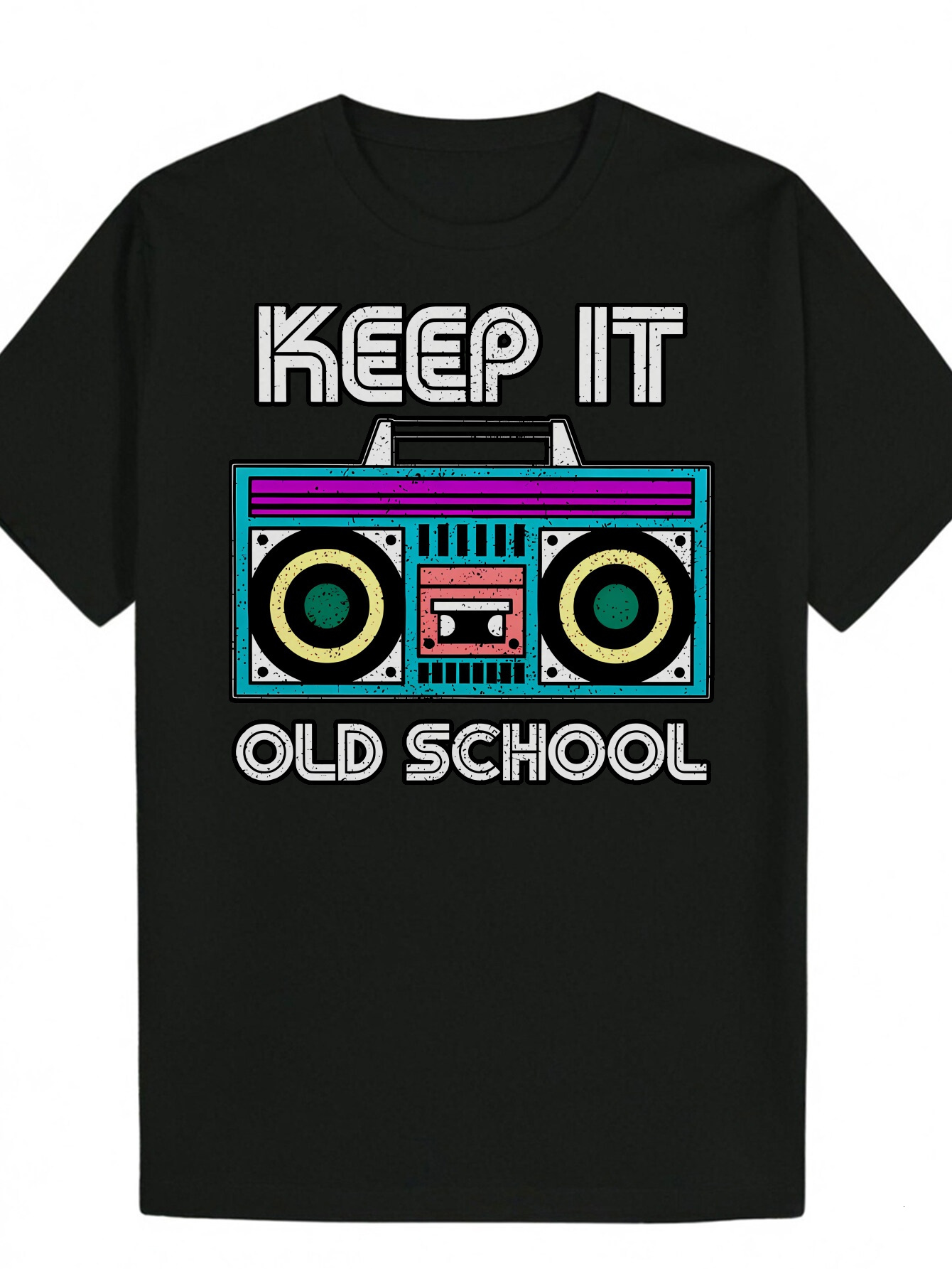 Men's Graphic T-Shirt - Stay Old School Boombox Print, Black Short Sleeve Crew Neck Summer T-Shirt, 100% Polyester Machine Washable, Casual Wear|
