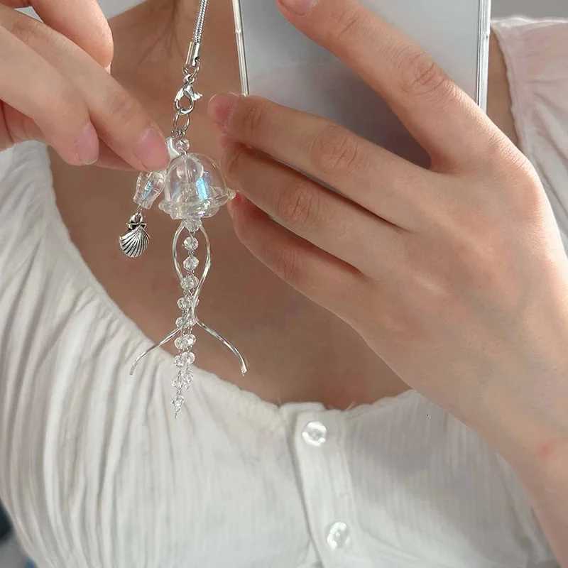 2K Jellyfish Tassel Mobile Keychain Jellyfish Beaded Phone Charm Keycord Korean Sea Shell Fish Beads Chain Backpack Keyring G250802