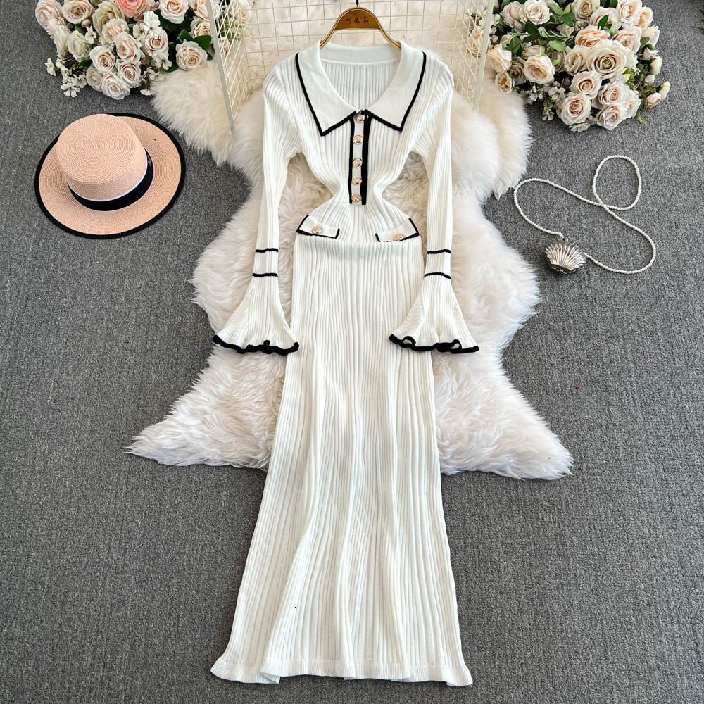 French Style Socialite Hot Girl Style Autumn Winter New Elegant Niche Long Collar Knitted Dress for Women 240824
