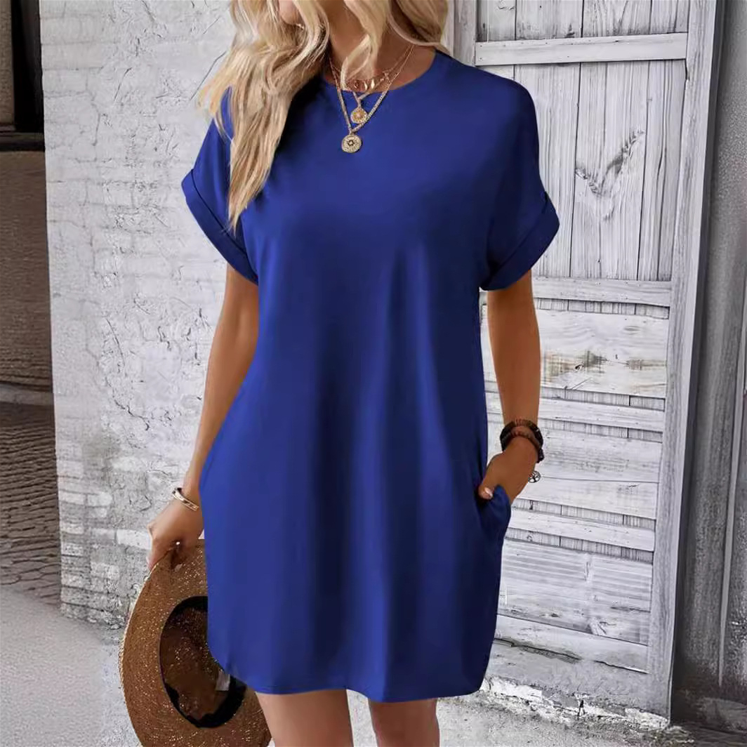 330 European and American plus size women's casual solid color round neck pocket bat sleeve dress