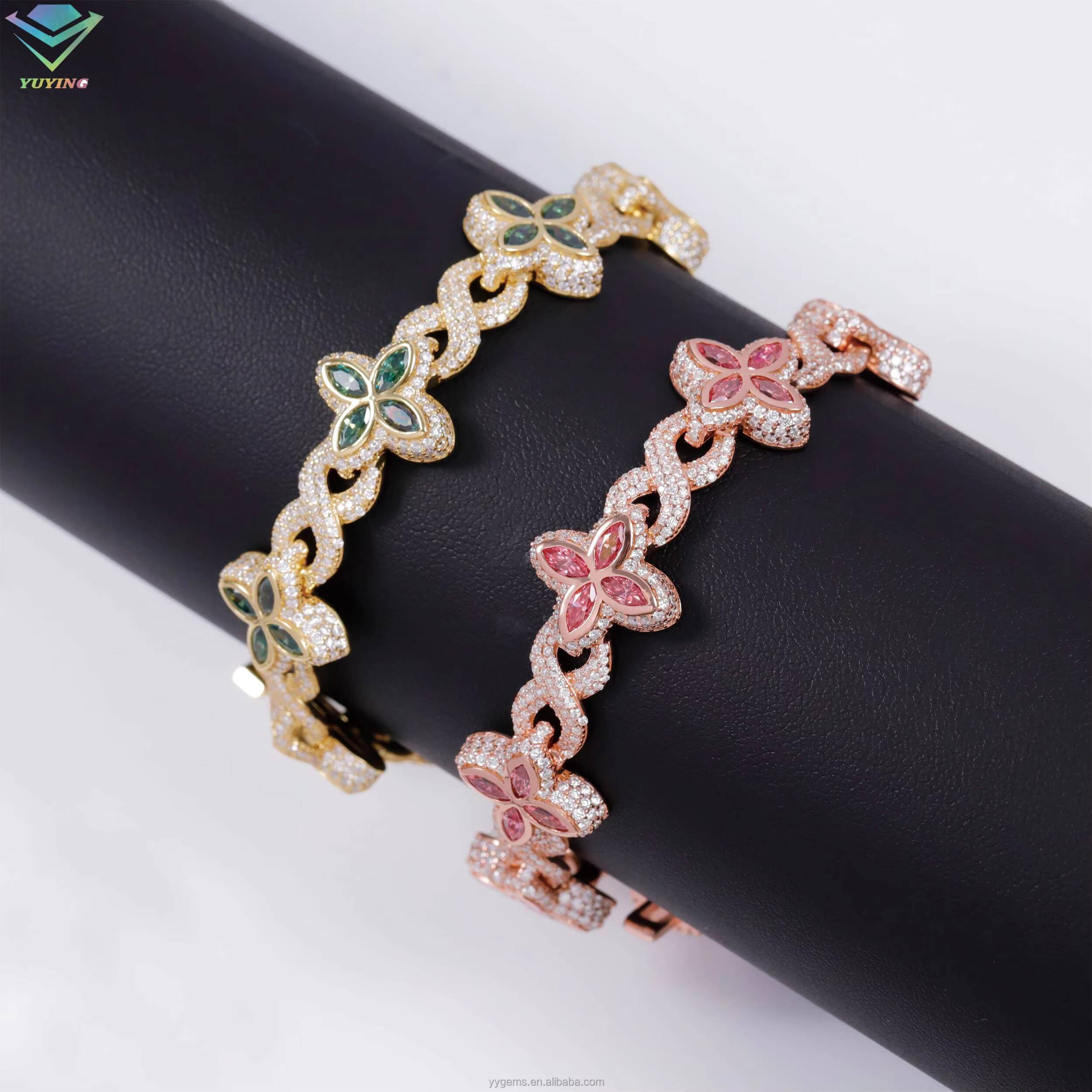 Fashion Hip Hop Jewelry 12mm Rose Gold 925 Sterling Silver Colored Moissanite Diamond Four Leaf Clover Infinity Link Bracelet