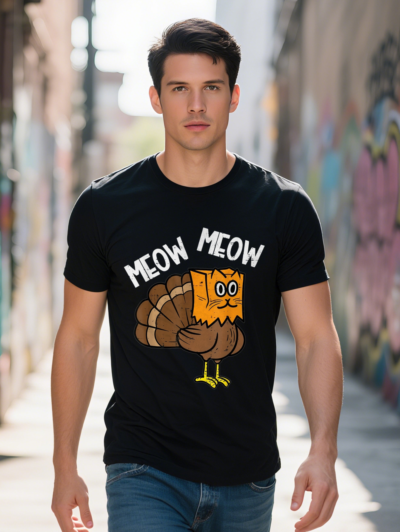 Turkey Paper Bag Meow Funny Thanksgiving Cat Men T Shirt aa0fd