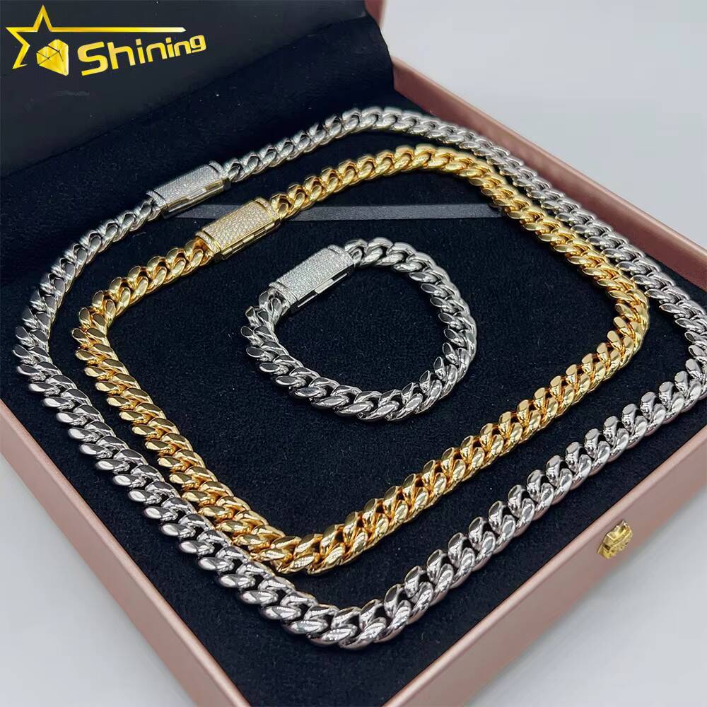 Hot Sale Miami Cuban Chain Stainless Steel Silver Moissanite Lock High Quality 10mm 12mm 14mm 18mm Cuban Necklace Bracelet