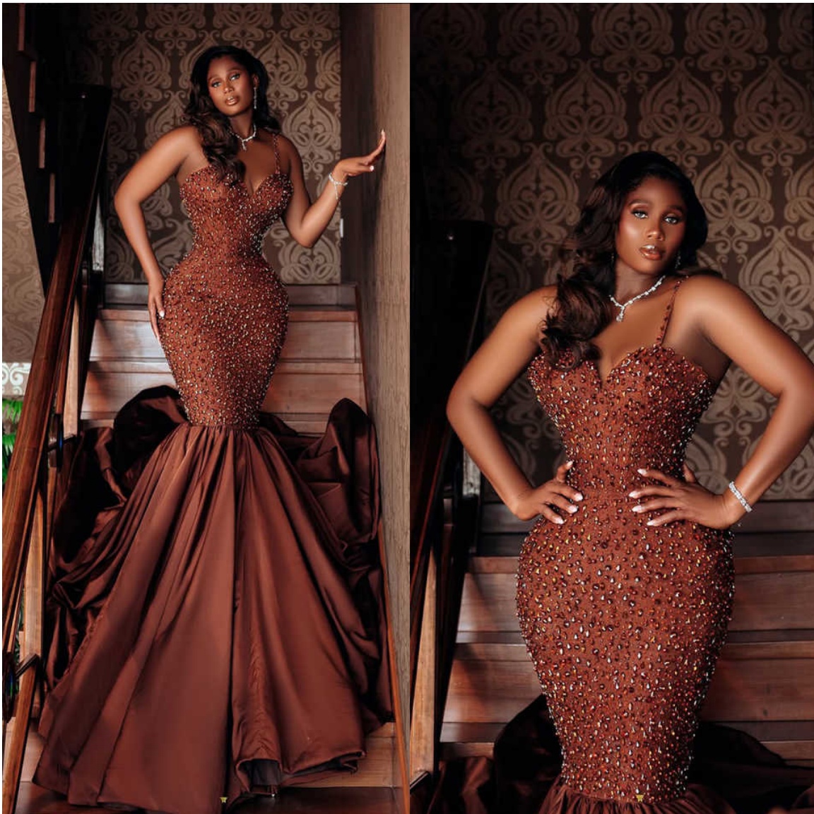 Sparkle Crystal Chocolate Brown Mermaid Evening Dresses Luxury Aso Ebi Long Prom Gowns Formal Party Dress Plus Size Formal Occasion vestido de novia