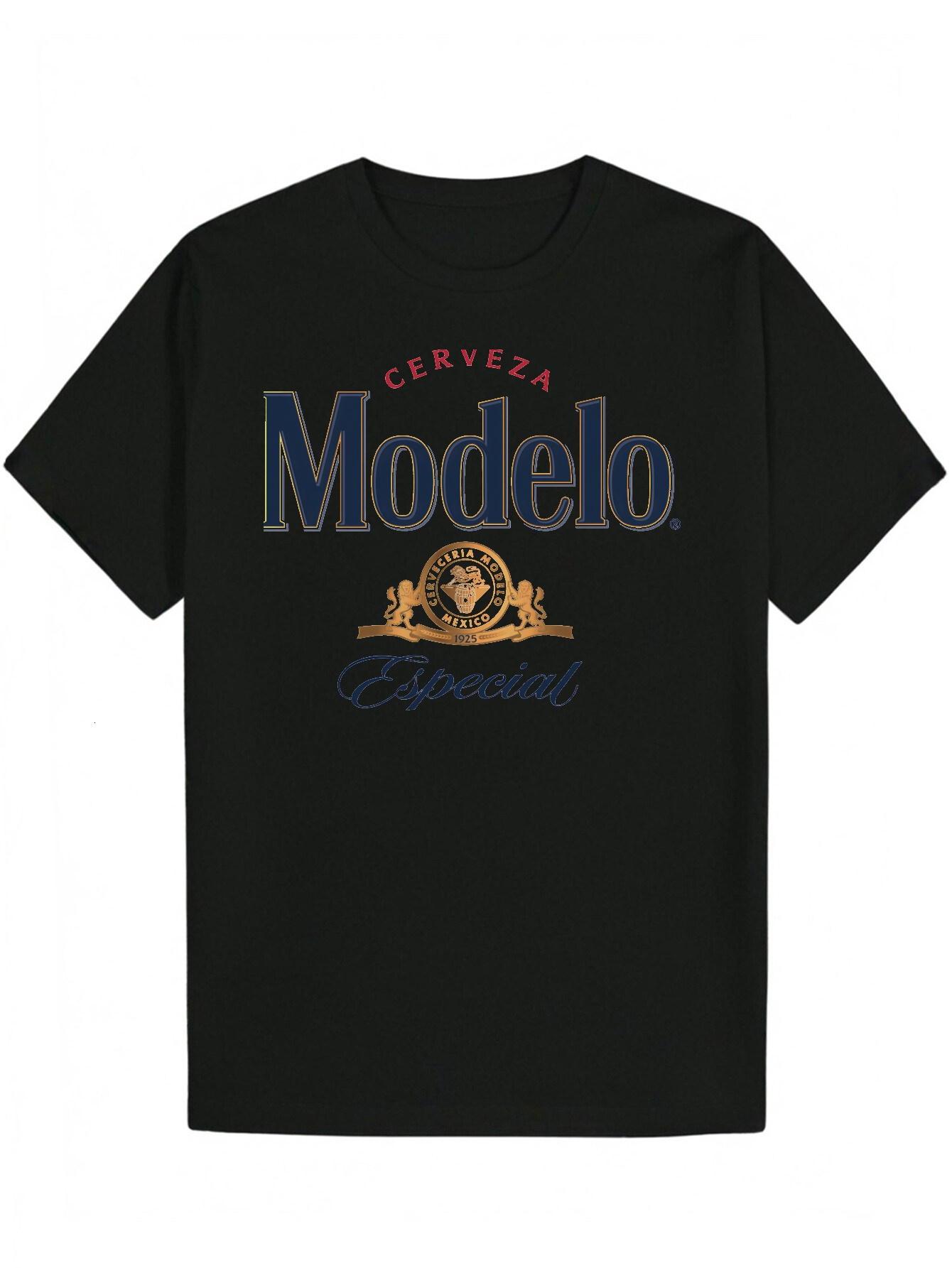 Men's Summer Round Neck Polyester T-Shirt with Striking 'MODELO' Letter Print - Black, Breathable, Machine Washable, Suitable for Casua