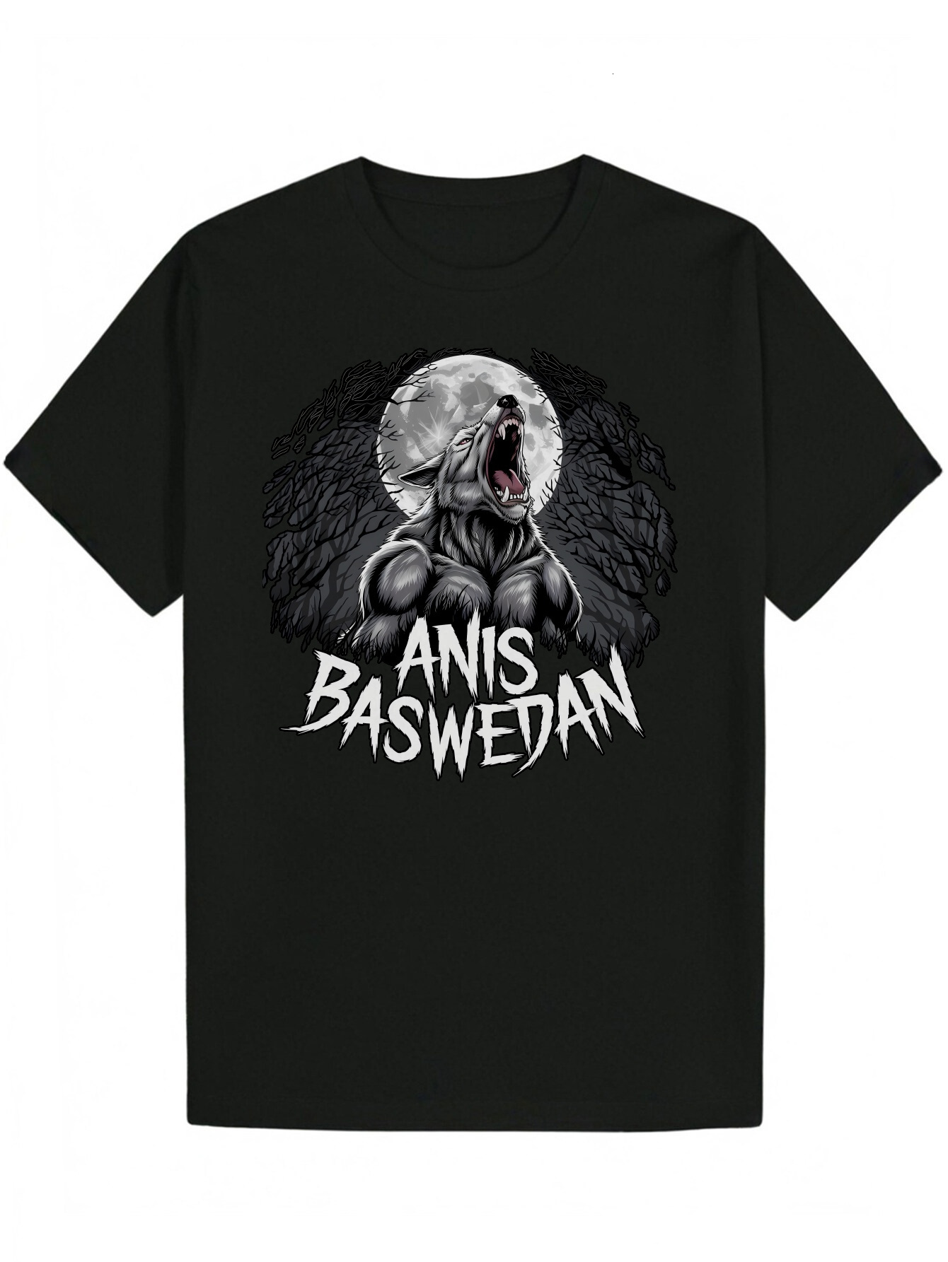 Men's Anis Baswedan Pattern T-Shirt - Black Summer T-Shirt, Eagle and Wolf Moon Design, Soft Polyester Fabric, Round Neck, Short Sleeve, Comforta