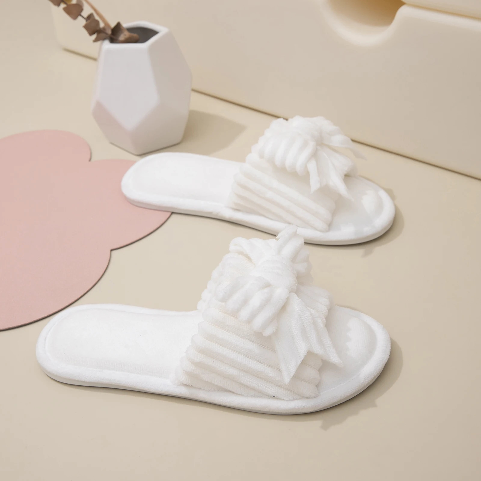 Women Bow Decor Plush Open Toe Memory Foam Fluffy Slippers 250814