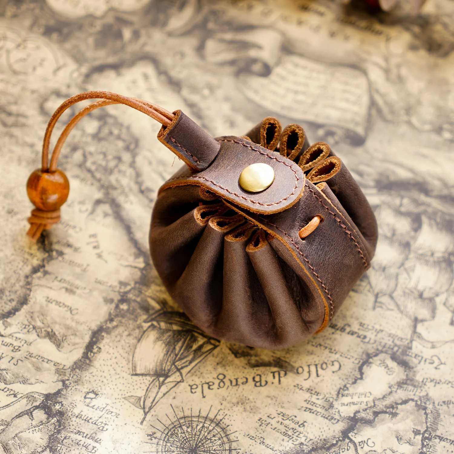 Genuine Leather Unisex Coin Purse Drawstring Key Holder with Snap Retro Wallet Money Pocket Mini Storage Bag Wholesale G250802