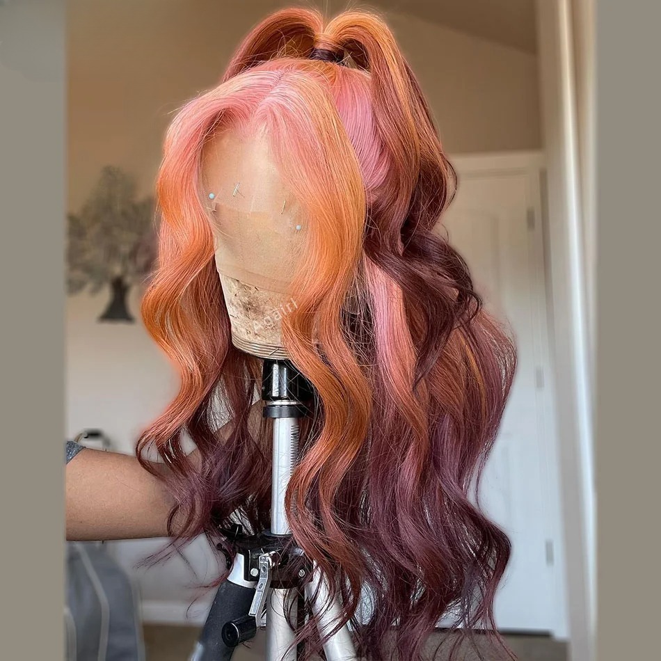 Ombre Pink Colored Body Wave 360 Orange Brown 13x4 Lace Frontal Wigs Human Hair Pre Plucked Ready Go Lace Front Wigs Synthetic