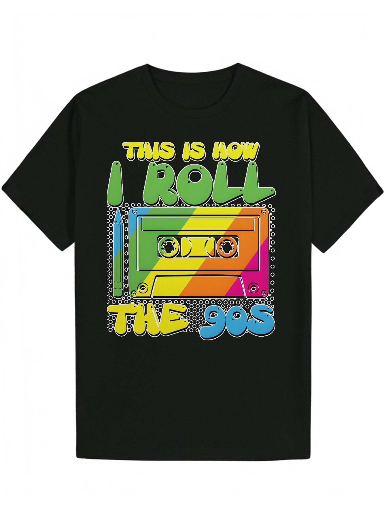 Men's 90s Tape Design - Black Crew Neck Polyester T-Shirt with Colorful Cassette Pattern, Style, Regular Fit, Summer Casual Wear|Playful Pattern