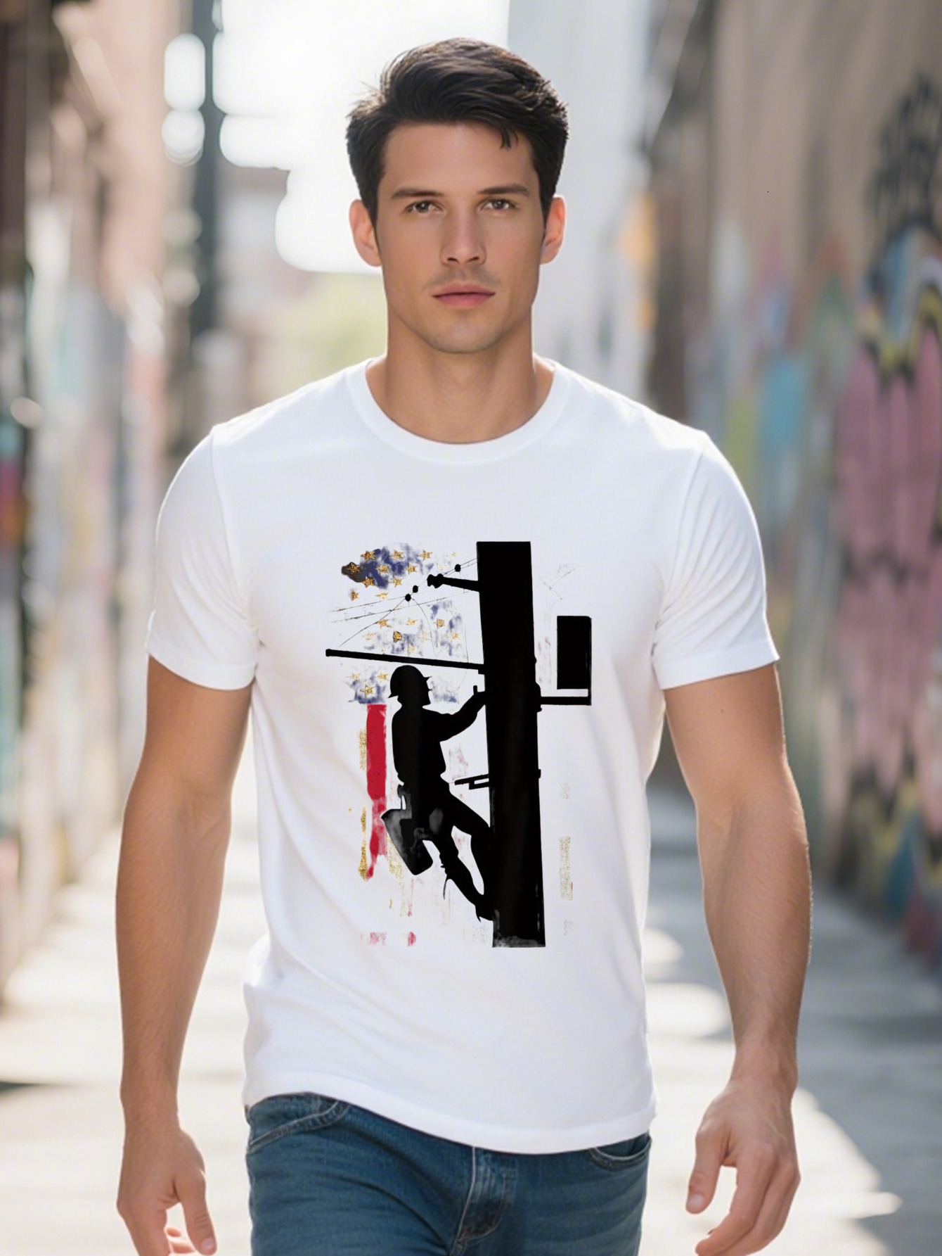 American Flag Electric Cable Lineman Gift T Shirt cotton g 1ce0b