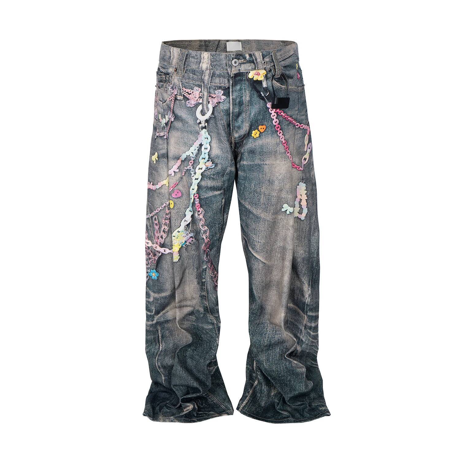 Street 3D Printed Candy Chain Denim Washed Baggy Fashion Curved Blade Harem Jeans Pants Men Y2k Wide Leg Trousers