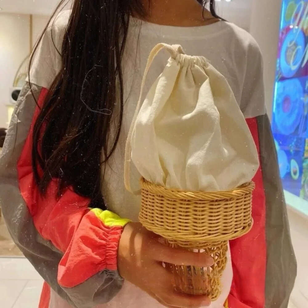Cute Ice Cream Rattan Handbags Bohemian Wicker Woven Straw Bag Hollow Funny Purses for Women Shoulder Beach Bags