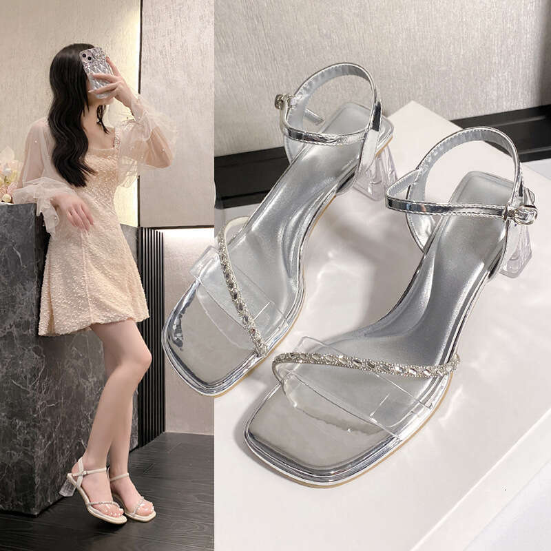 2025 Summer designer shoes New Rhinestone Sandals One-Strap Chunky Heel Slippers for Women to Wear with Dresses Stunning Slimming High Heels