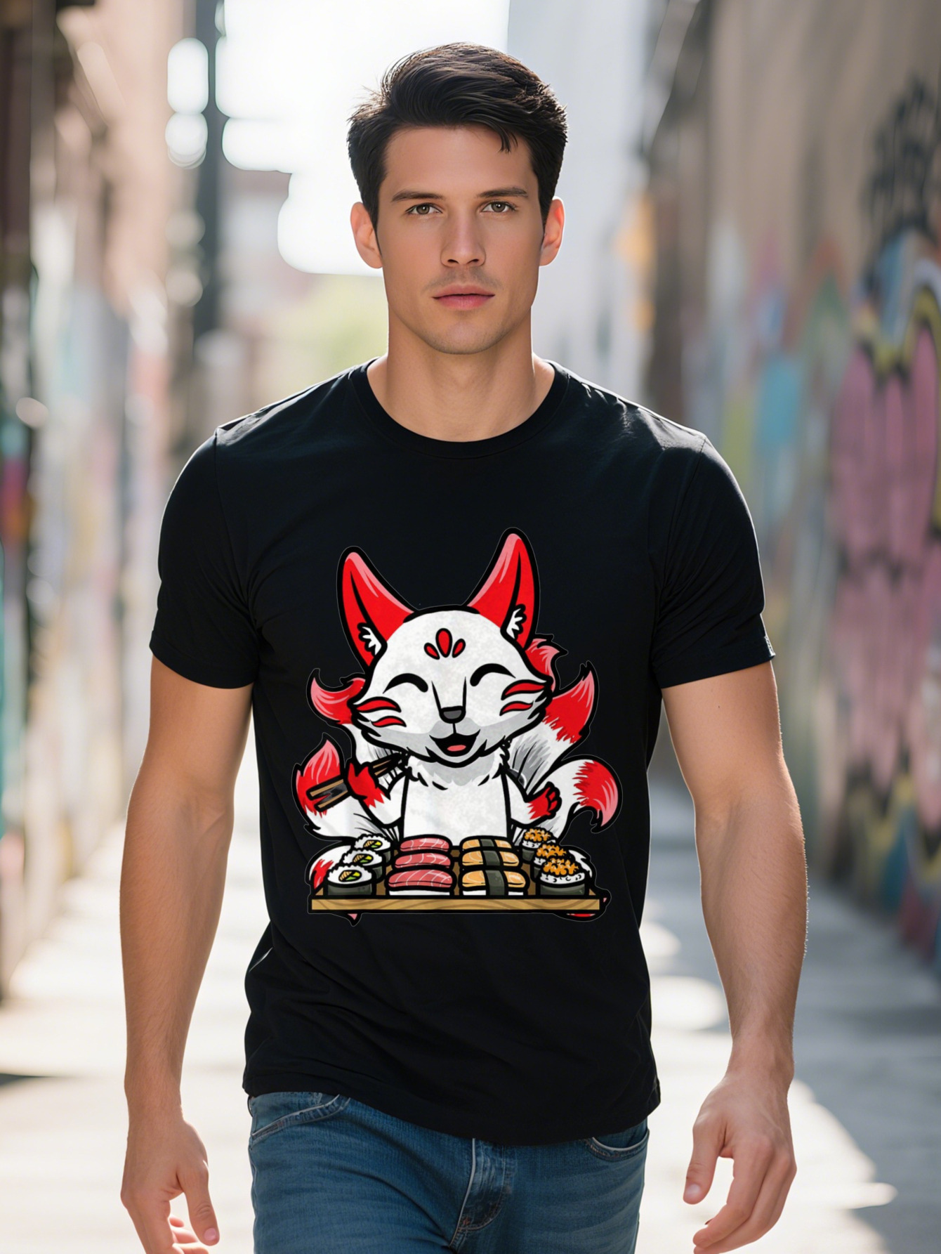 Men s Cotton T Shirt Kitsune Cute Sushi Japanese Nine Tailed Design Black Short Sleeve for Everyday Wear 7734a
