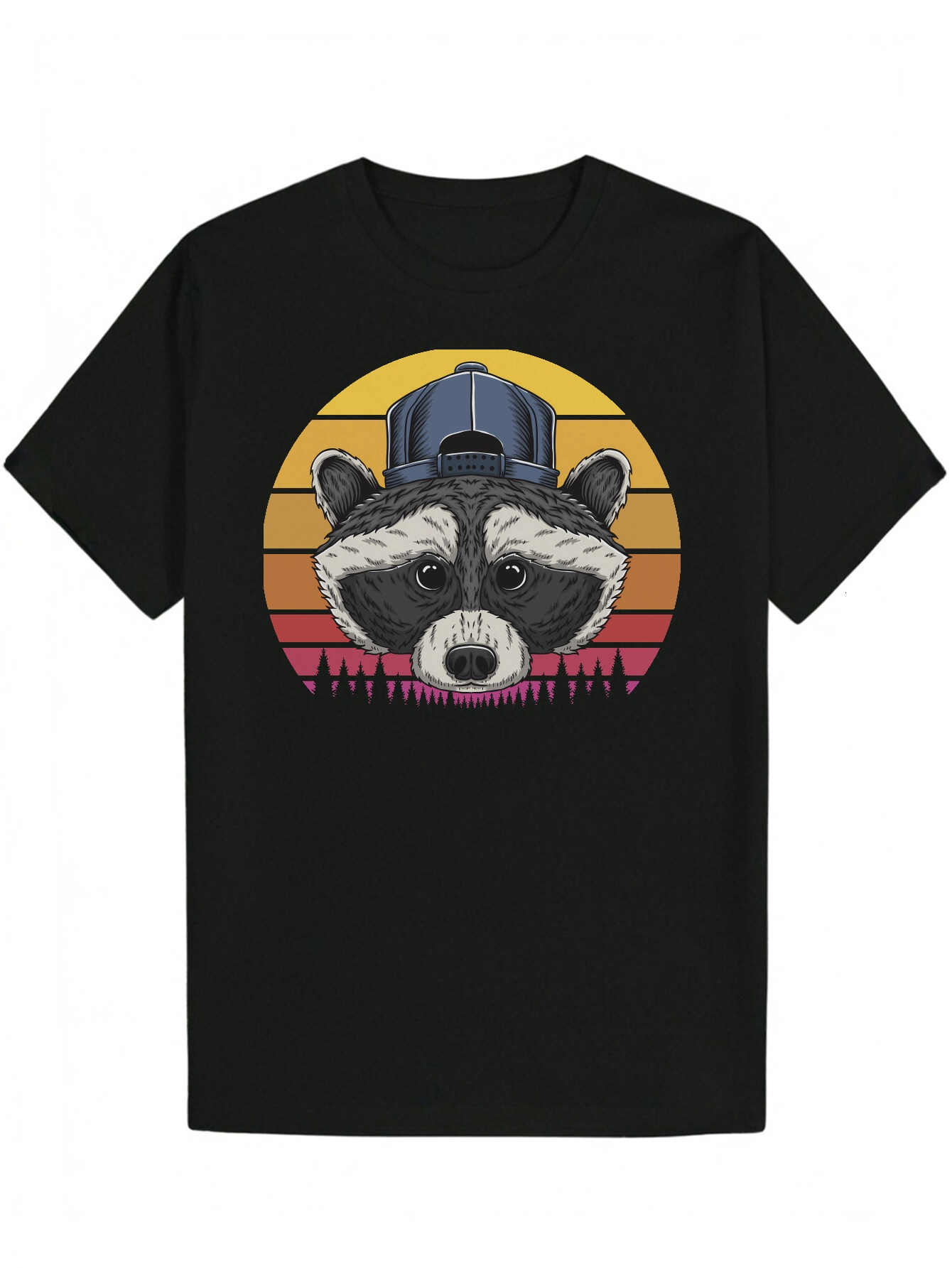 Men's Raccoon - Black with Colorful Sunset Design, Round Neck, Fiber, Comfortable for Wear, Summer Casual Wear Playful Pattern T-Shirt | Polyeste