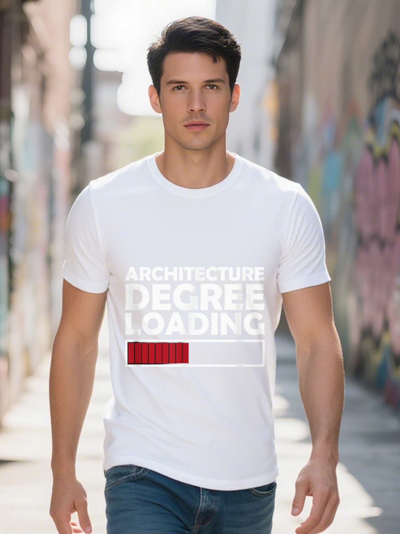 Men s Cotton T Shirt Architecture Degree Loading Funny Design Black with Red Progress Bar Graphic Casual Crew ecaa8