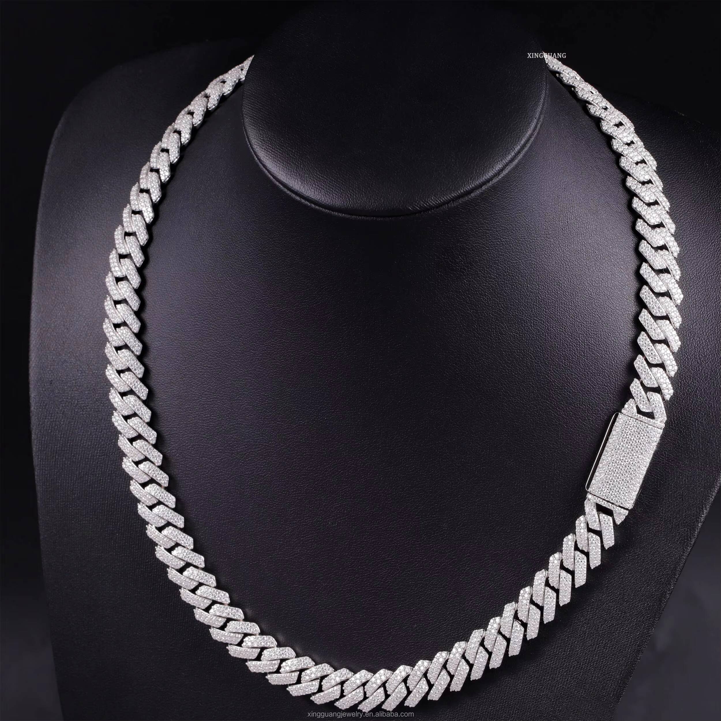 Hot Selling VVS Moissanite Cuban Link Chain for Men 2rows 10mm 12mm Wide 925 Sterling Silver Cuban Chain Hip Hop Necklace