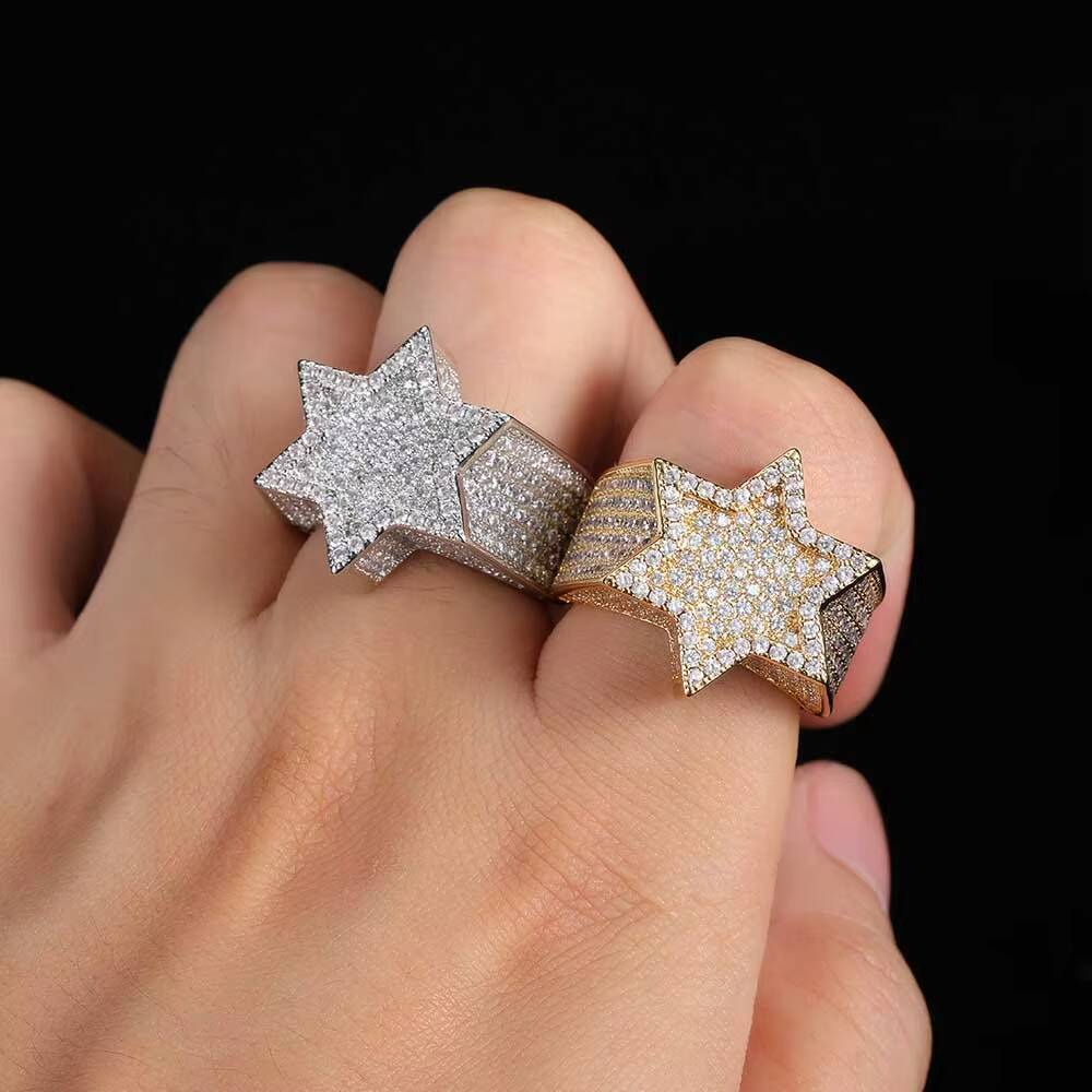 Hip Hop Diamond Rings Jewelry Women Hexagonal Star Micro Paved 3A CZ Stone Ring for Men