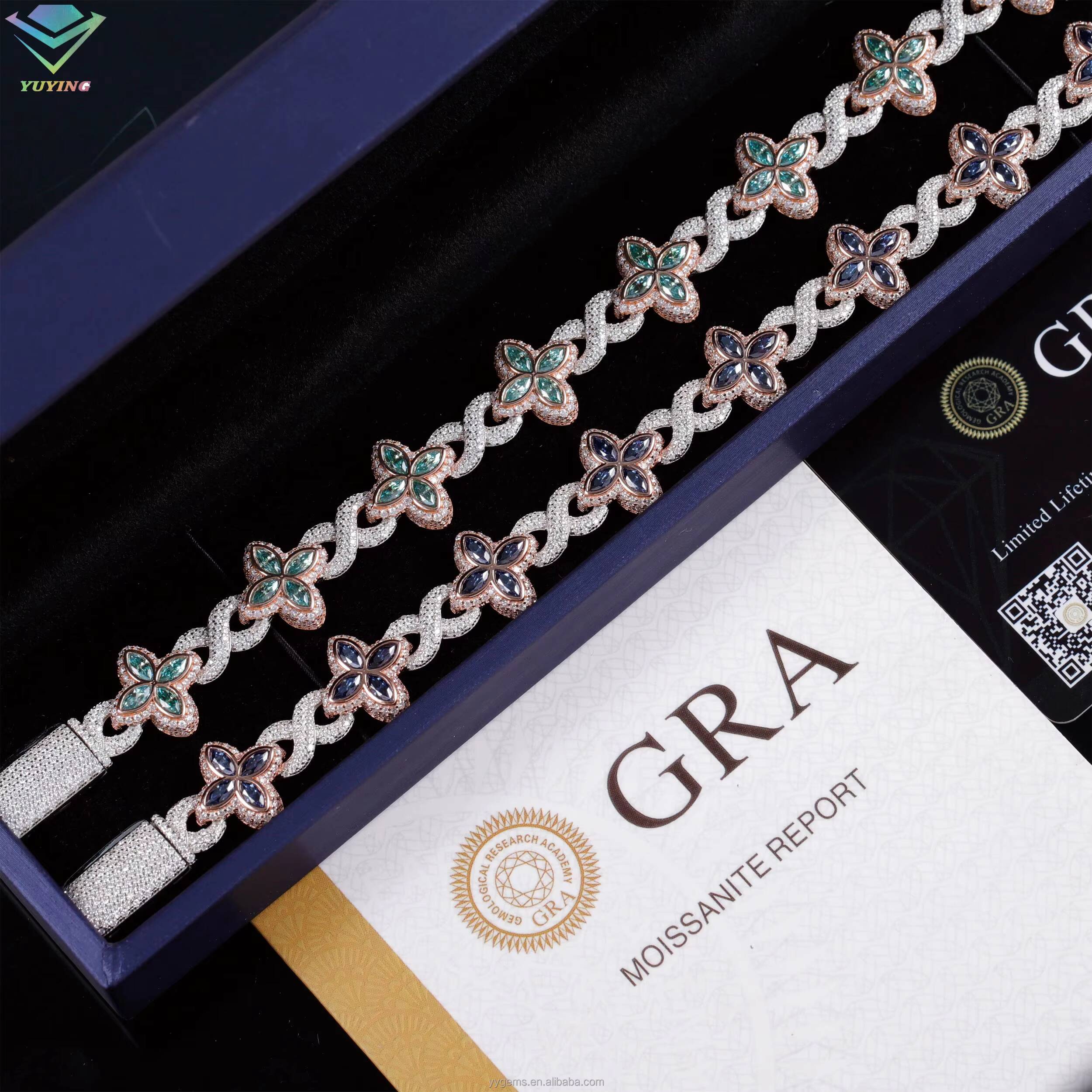 Fashion Hip Hop Jewelry 12mm Rose Gold 925 Sterling Silver Colored Moissanite Diamond Four Leaf Clover Infinity Link Bracelet