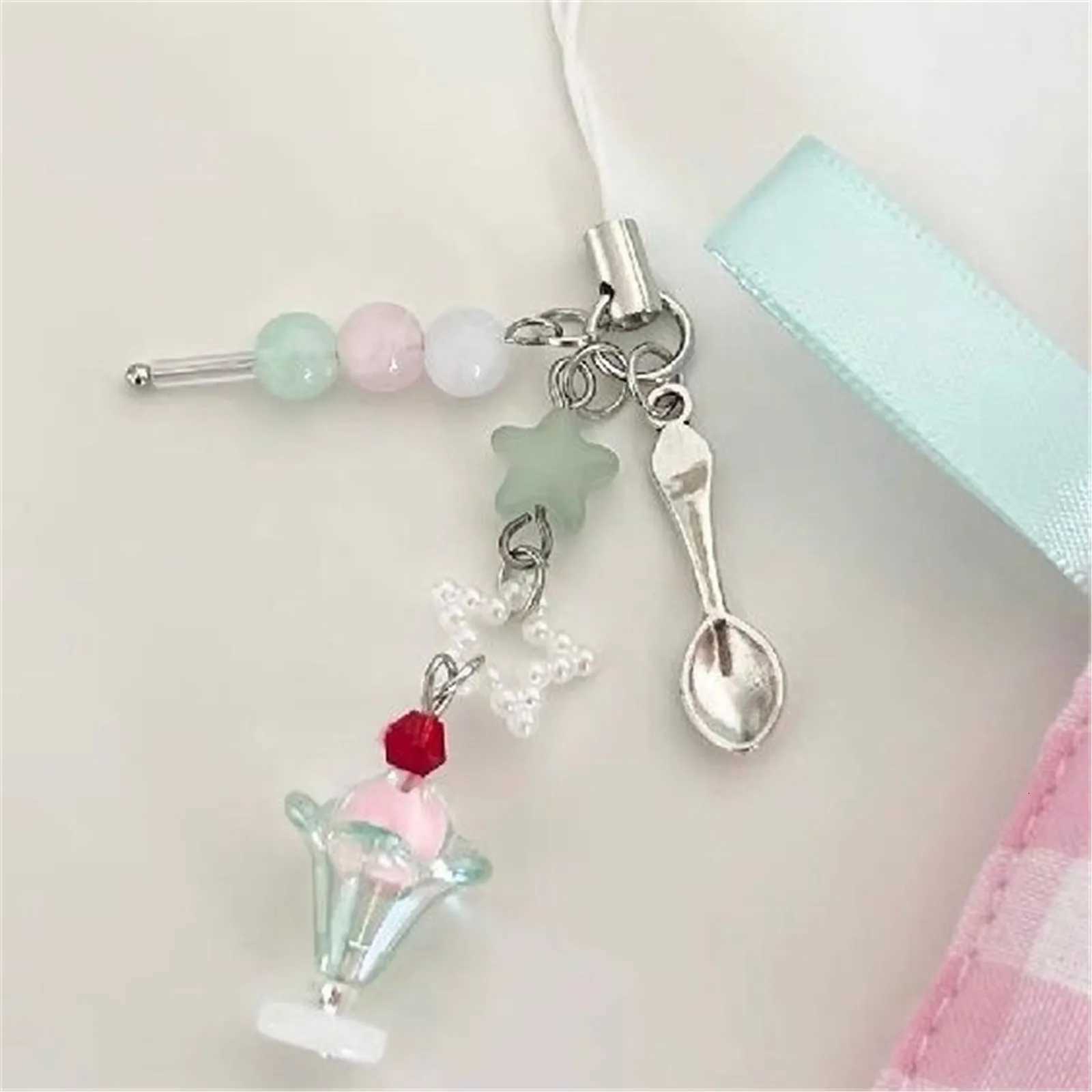 Cute Bowknot Ice Cream Pendant Mobile Phone Chain Charm Beaded Keychain Phone Strap Lanyard Earphone Hanging Decor Accessories G250802