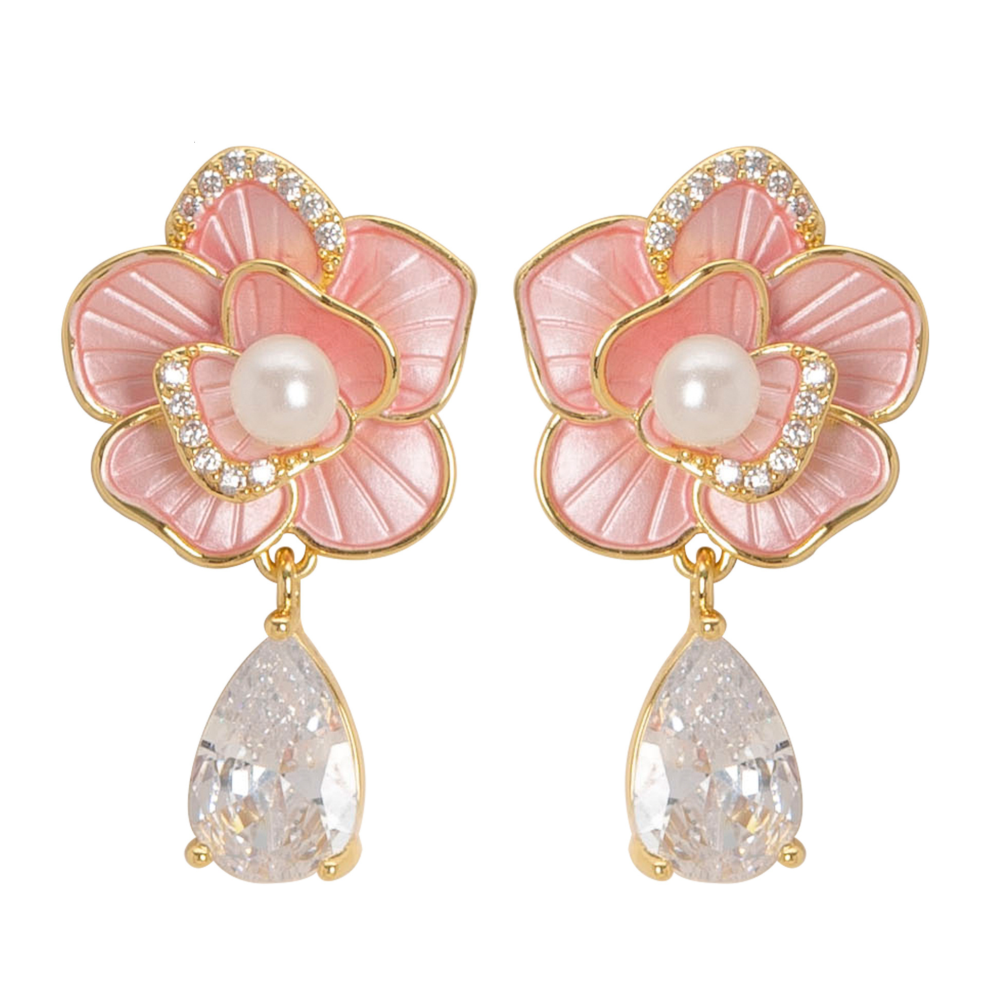 Elegant Temperament Style Oil Drop Pearl Floral Earrings Light Niche Personality High-end Sier Needle Ear Jewelry