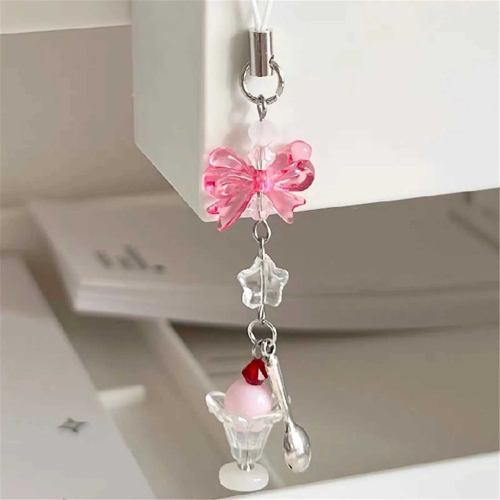 Cute Bowknot Ice Cream Pendant Mobile Phone Chain Charm Beaded Keychain Phone Strap Lanyard Earphone Hanging Decor Accessories G250802