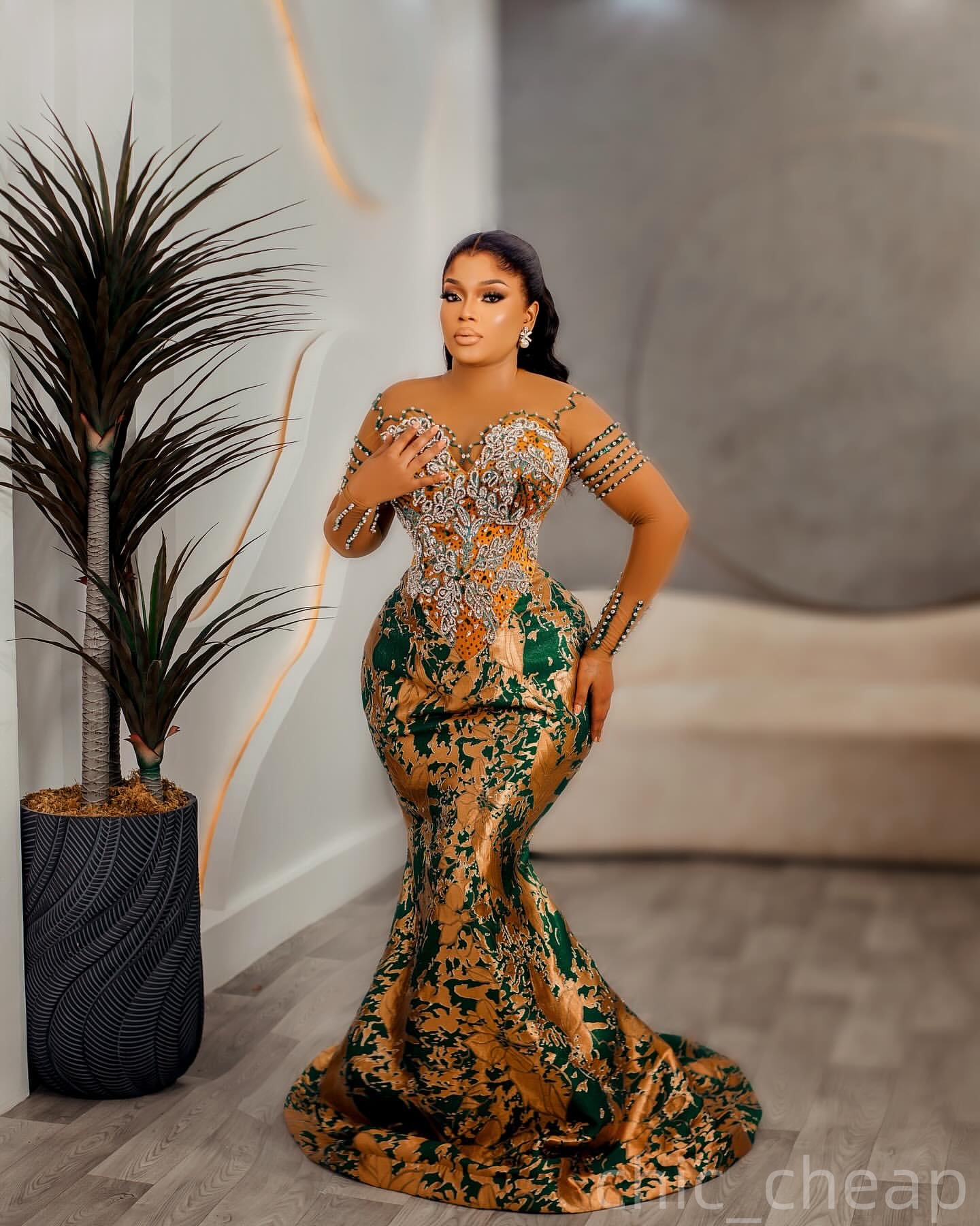 Gold Green Mermaid Prom Dresses 2025 Crystals Beaded Lace Evening Formal Party Second Birthday Engagement Gowns Plus Size Dress For Special Occasions 