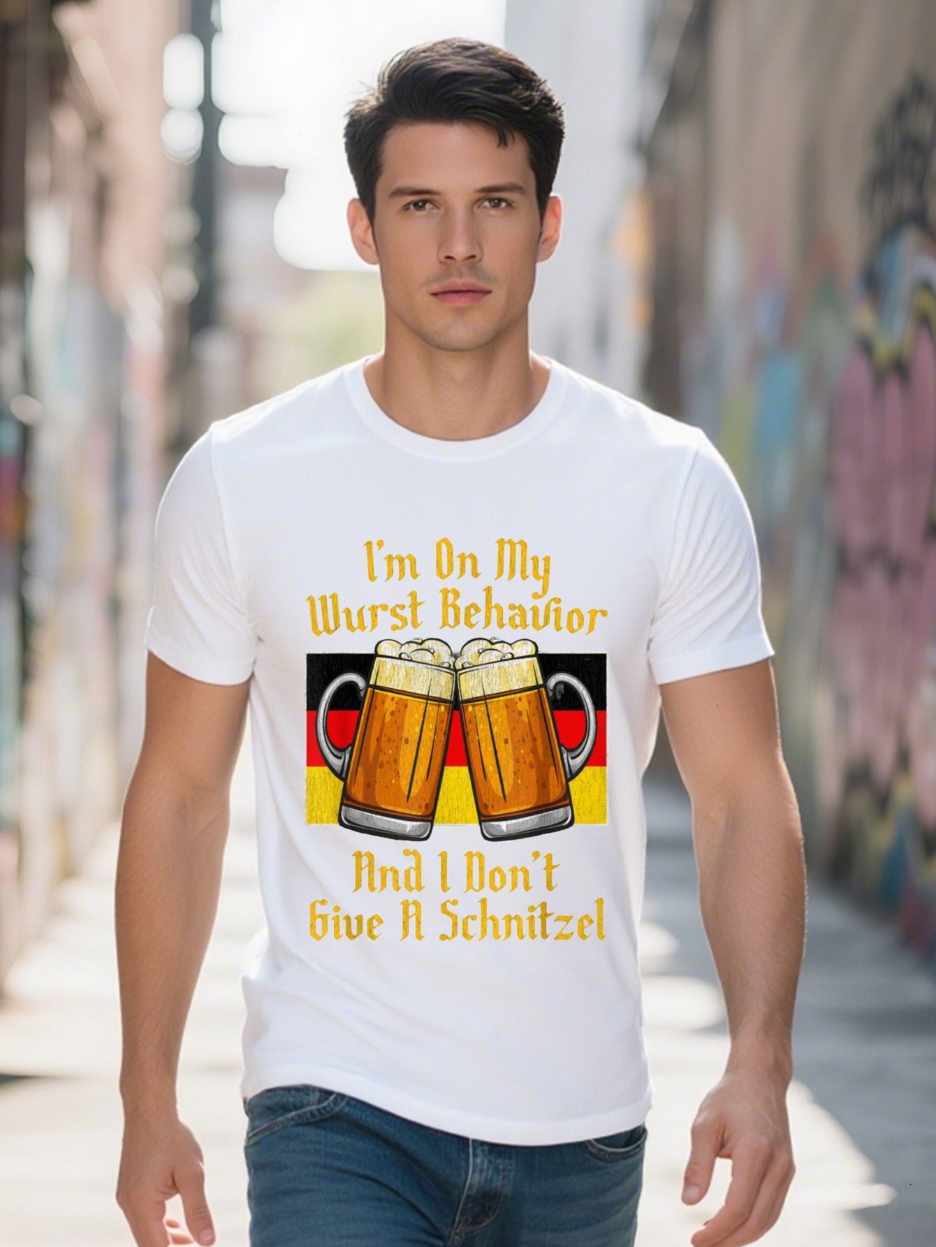 Men s m On My Worst Behavior I Don't Give A Schnitzel Graphic T-Shirt Black Short Sleeve Tee with German Beer Mugs 61f46
