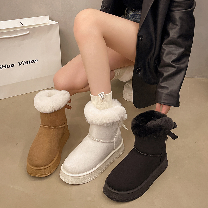 Fleece - Lined and Thickened Snow Boots with Slip - On Design new Winter Style Thick Sole Furry Opening Bow - Knot Warm Large - Size Cotton Shoes